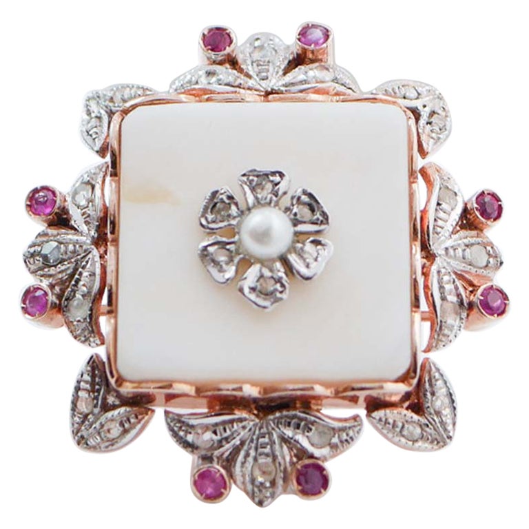 White Agate, Pearl, Rubies, Diamonds, Rose Gold and Silver Ring.