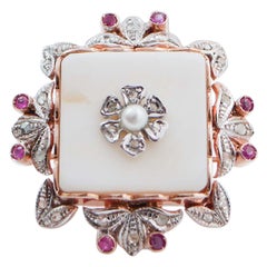 White Agate, Pearl, Rubies, Diamonds, Rose Gold and Silver Ring.
