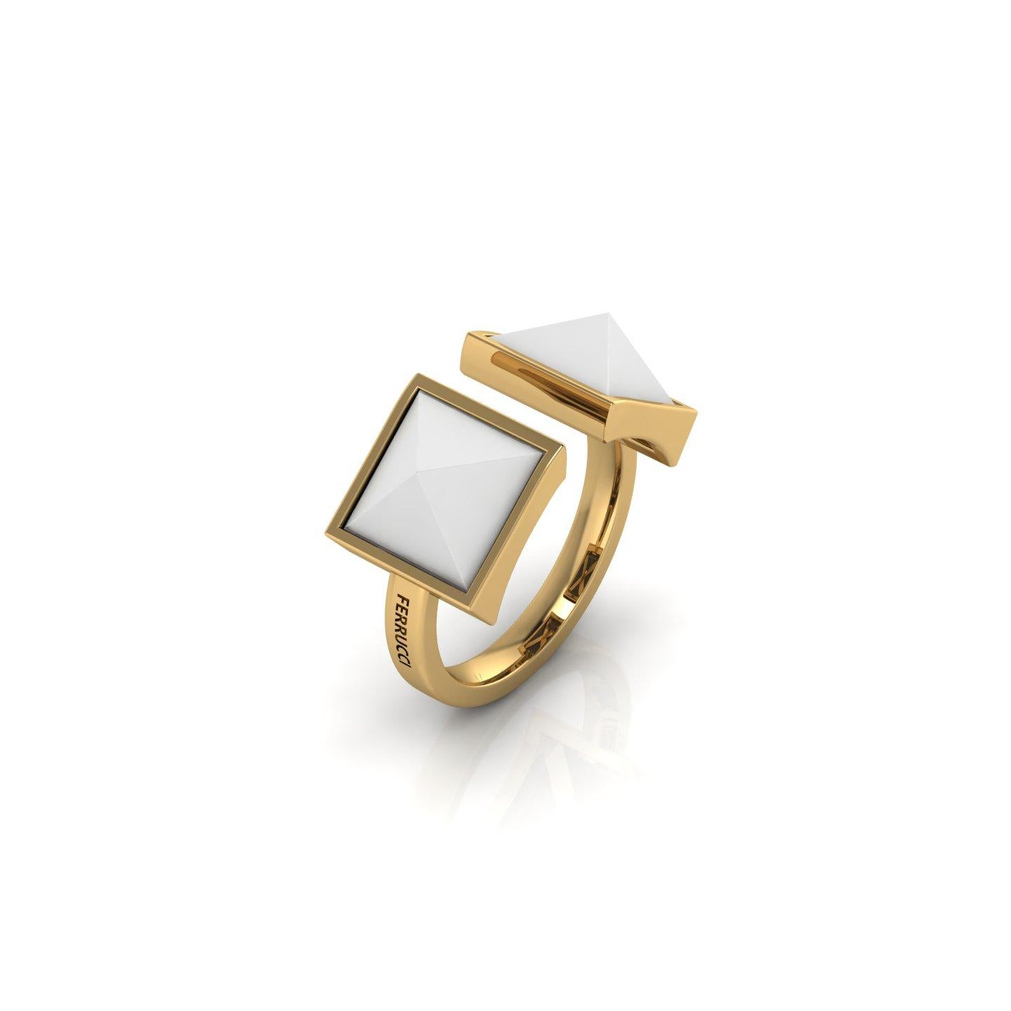 Pyramids collection White Agate double pyramids open ring in 18k yellow gold, made in New York.

Order your ring size complimentary