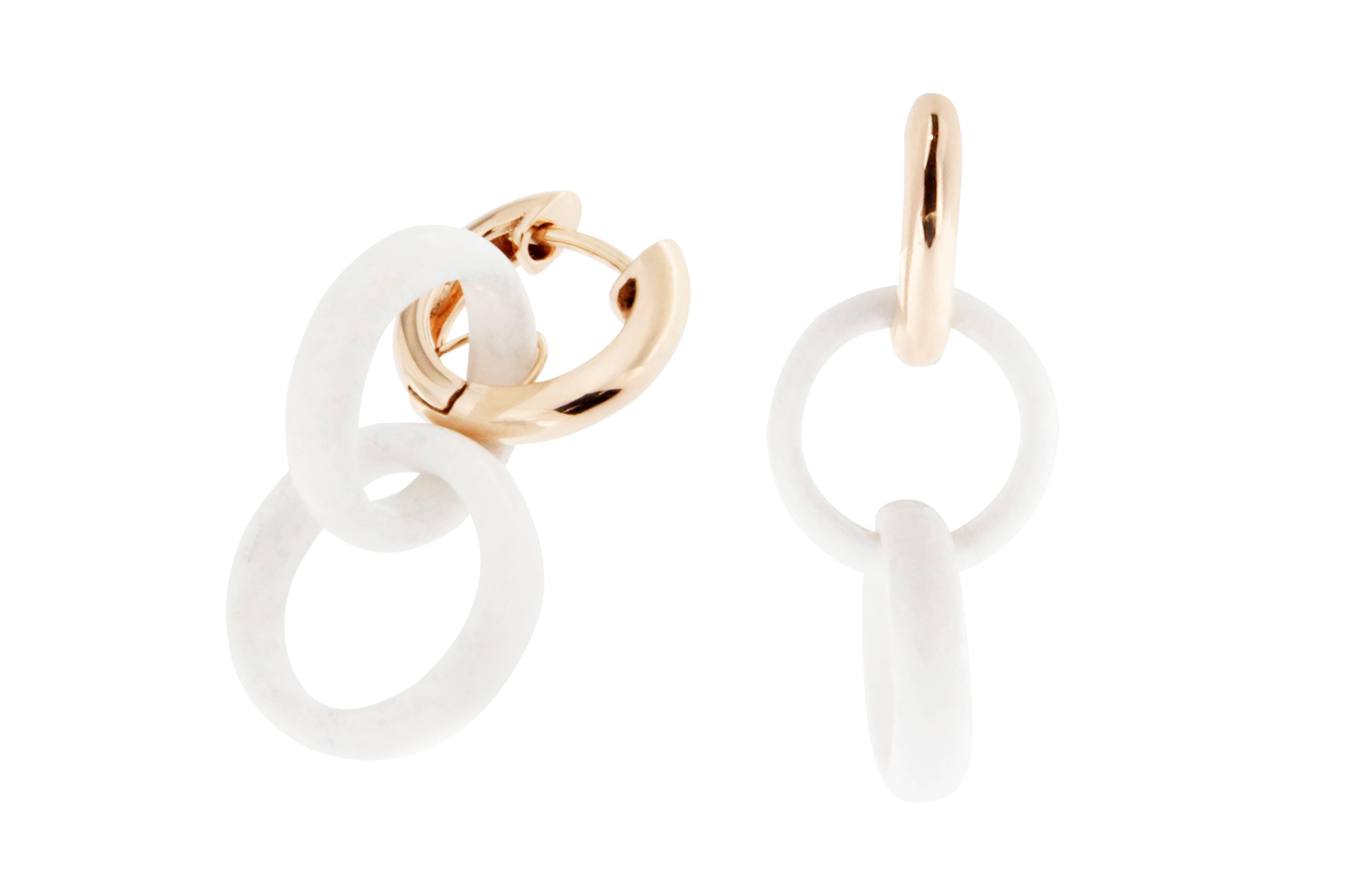 Cabochon White Agate Rose Gold Pendant Earrings For Sale