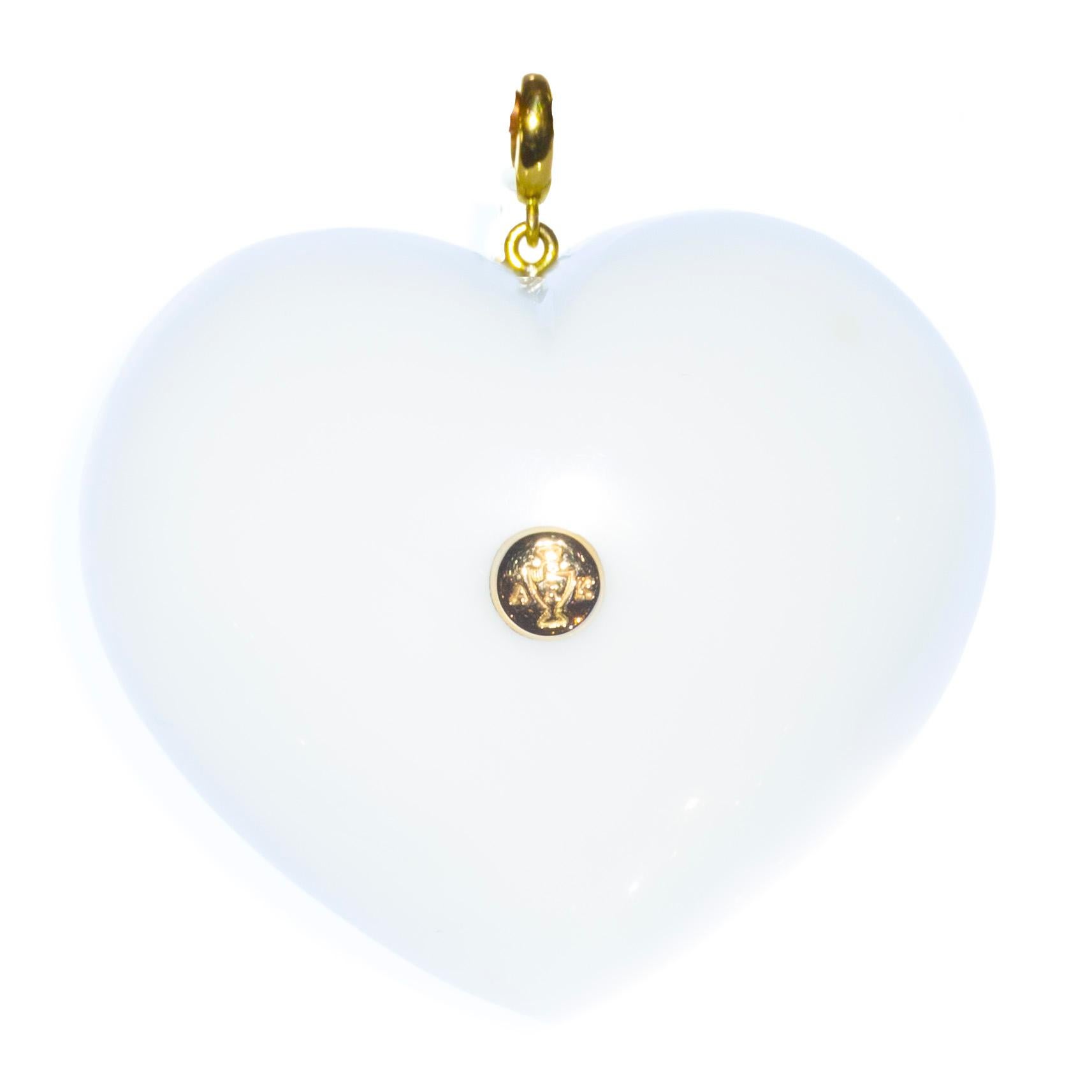 Contemporary White Agate, Rubies, Gold and Silver, Heart Pendant For Sale