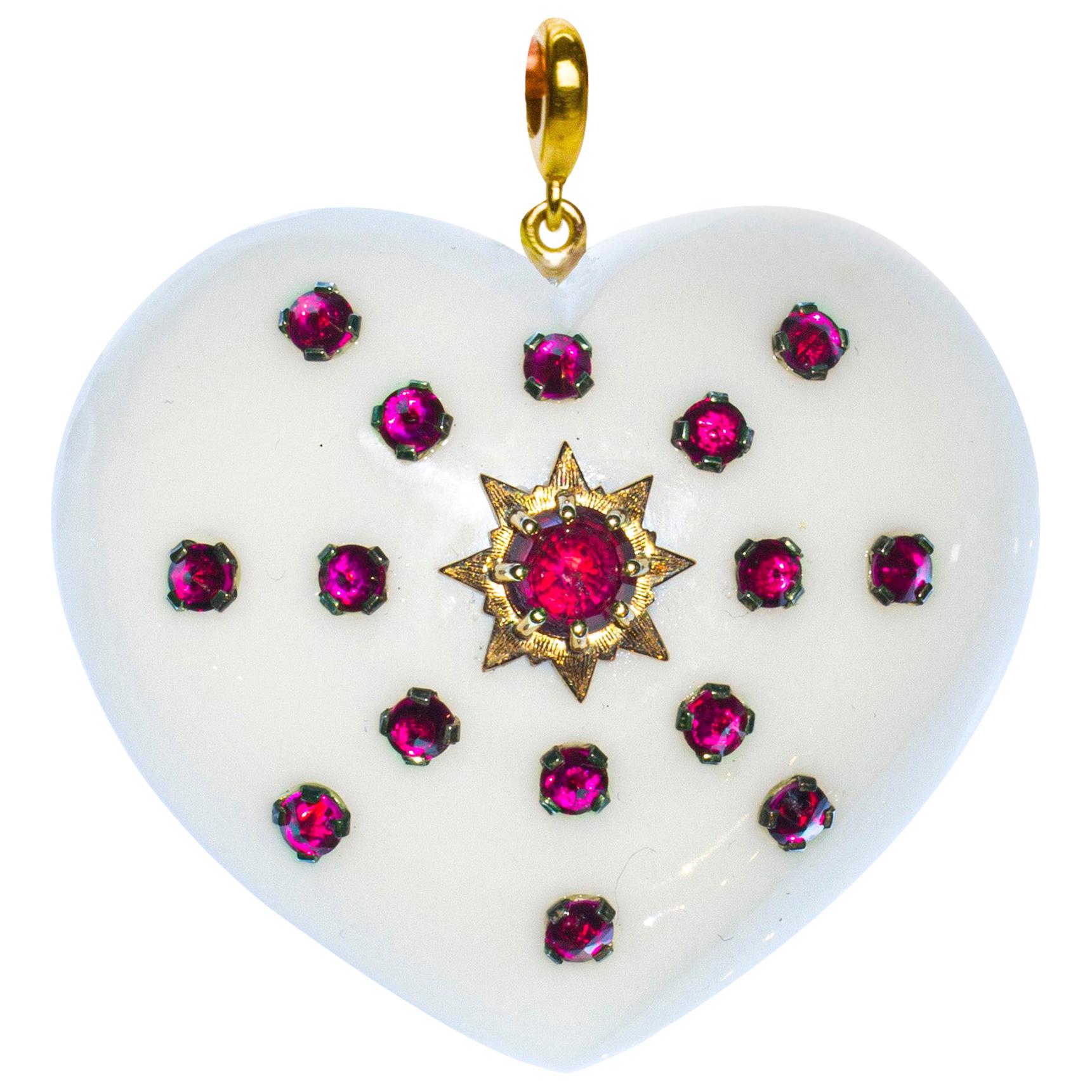 White Agate, Rubies, Gold and Silver, Heart Pendant For Sale