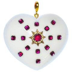 White Agate, Rubies, Gold and Silver, Heart Pendant