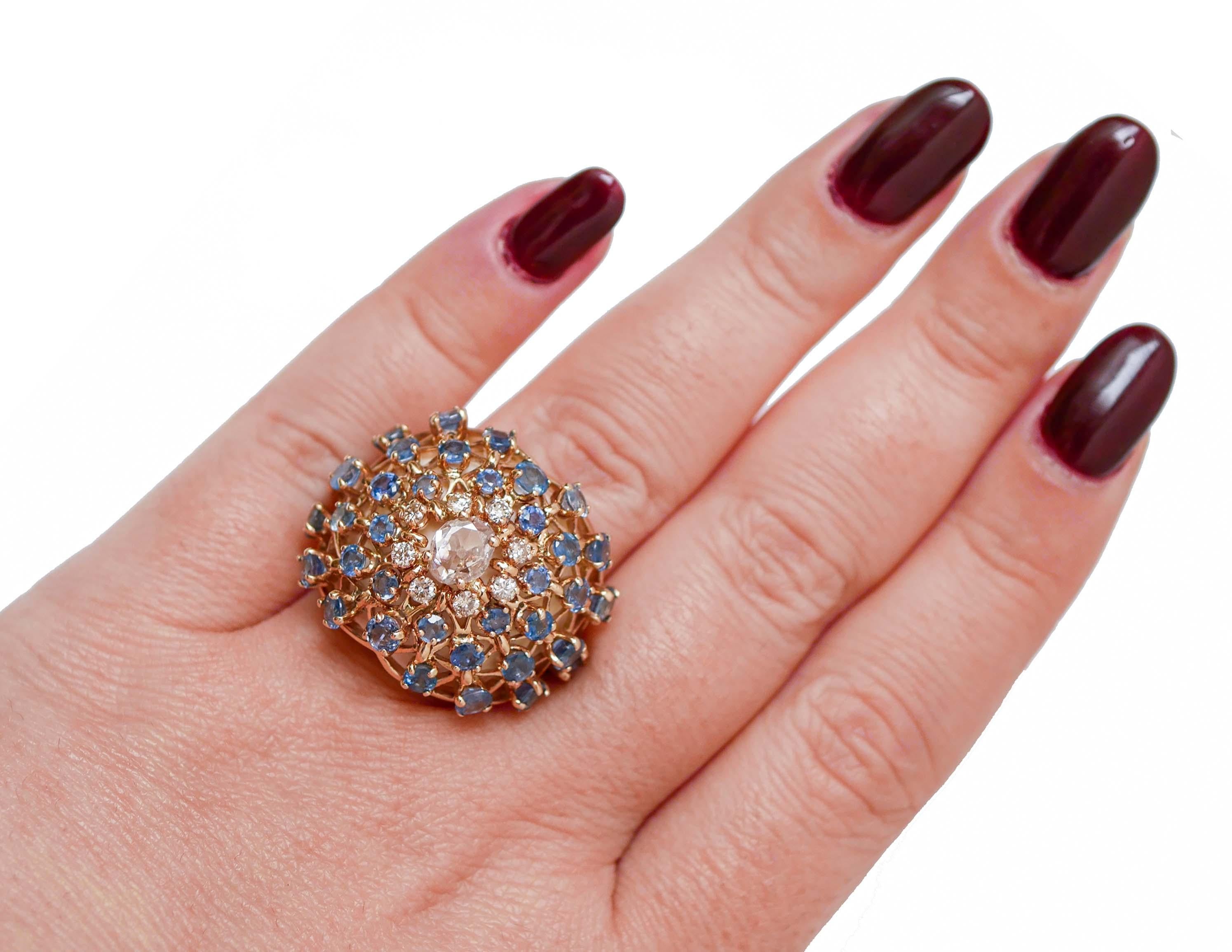 White Agate, Sapphires, Diamonds, 14 Karat Rose Gold Ring. In Good Condition For Sale In Marcianise, Marcianise (CE)