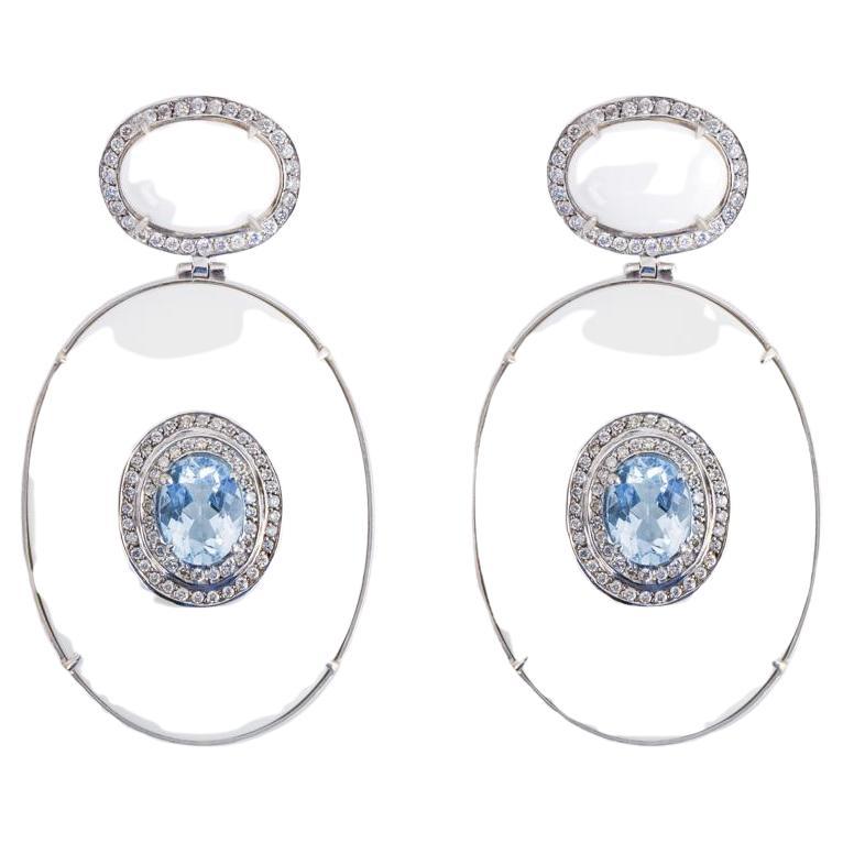 White Agate, Sky Topaz And White Diamonds Pave Drop Earrings / 18k White Gold For Sale