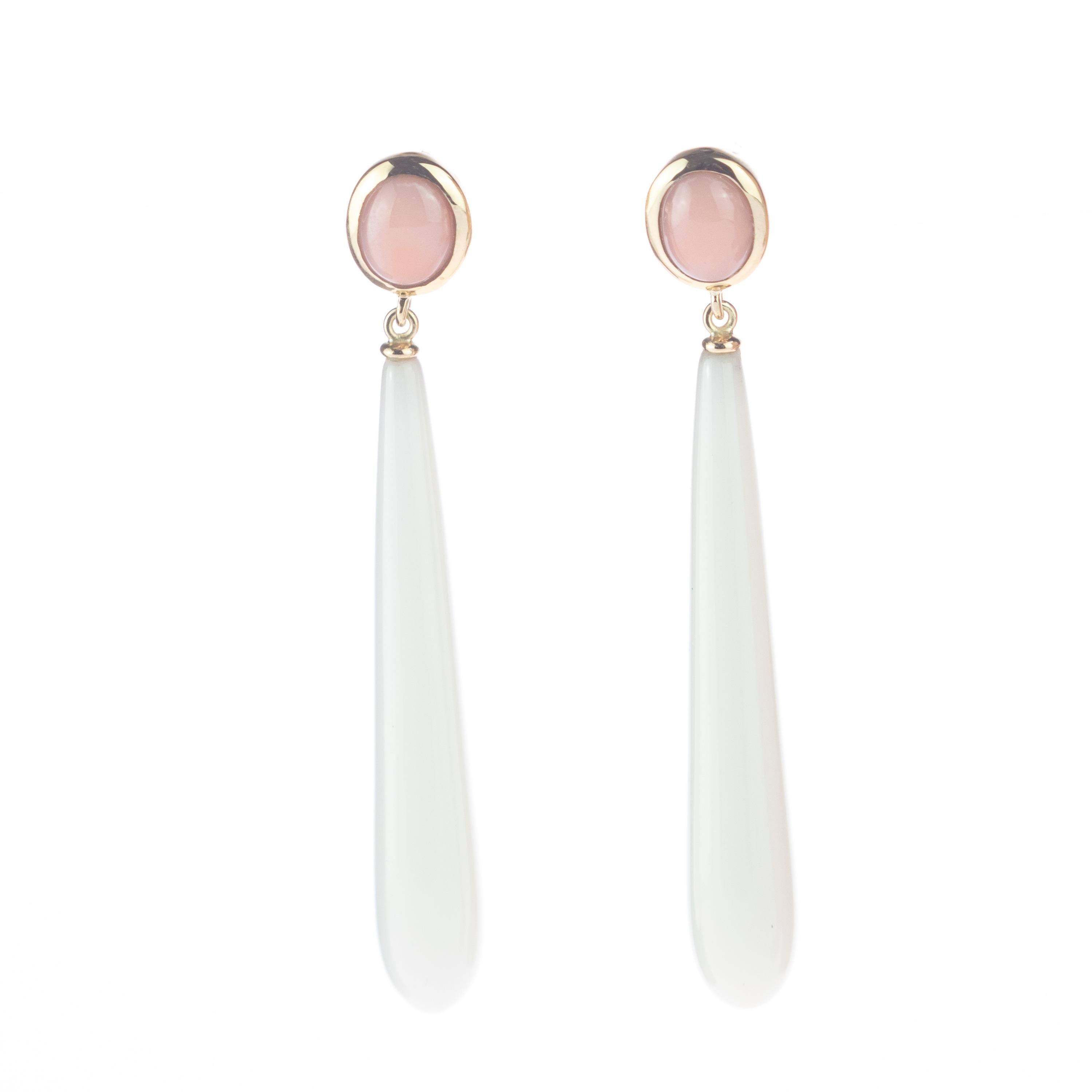 White Agate Teardrop Pink Coral Oval 18 Karat Yellow Gold Drop Long Earrings For Sale 1