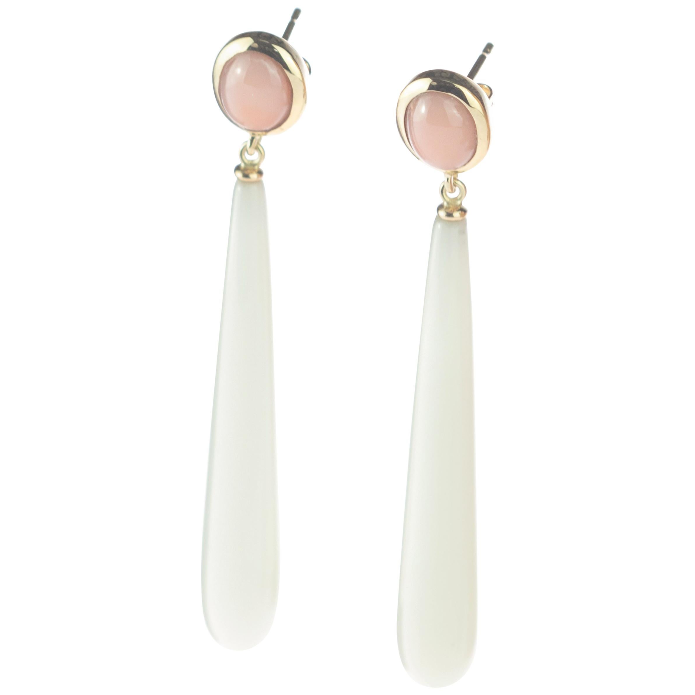 Mixed Cut White Agate Teardrop Pink Coral Oval 18 Karat Yellow Gold Drop Long Earrings For Sale