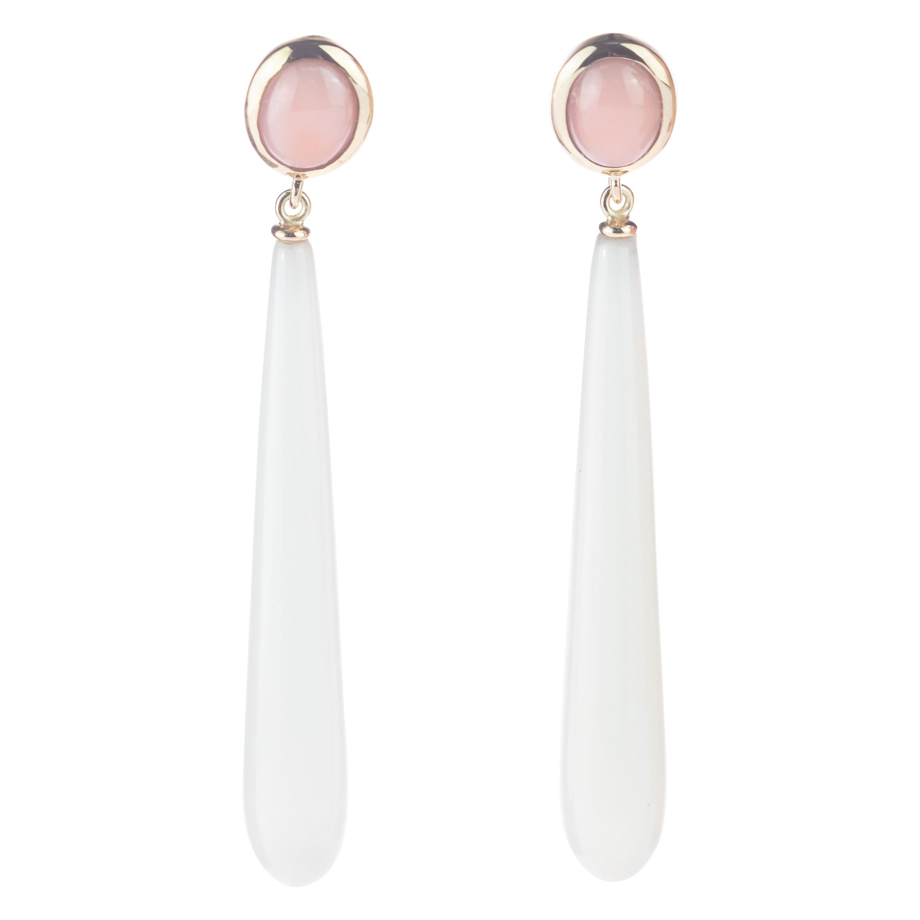 White Agate Teardrop Pink Coral Oval 18 Karat Yellow Gold Drop Long Earrings For Sale