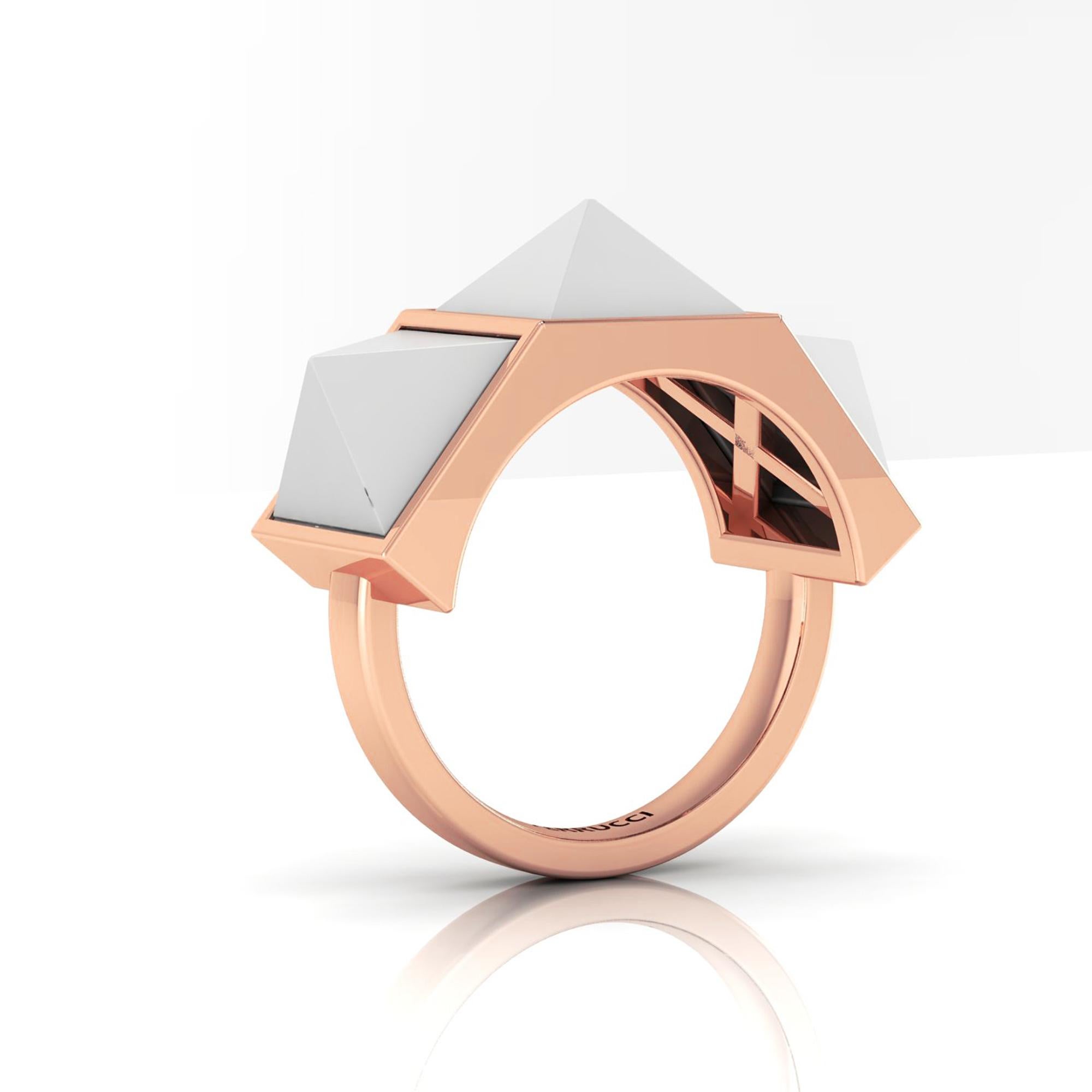 FERRUCCI Pyramid collection, the Three White agate Pyramids ring in 18k rose gold, made in New York

Agate's most noticeable overall properties are balancing yin/yang energy, courage, protection, healing and calming with the Pyramid attracting