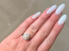White Akoya Pearl and Double Diamond Halo Platinum Ring