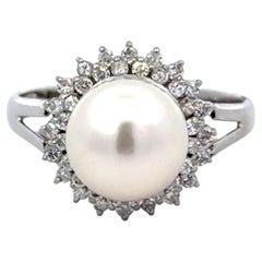 White Akoya Pearl and Double Diamond Halo Platinum Ring