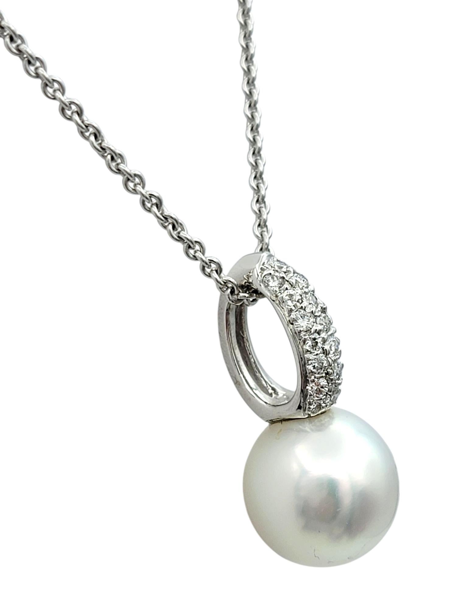 Women's White Akoya Pearl and Pavé Diamond Pendant Necklace in 18 Karat White Gold For Sale