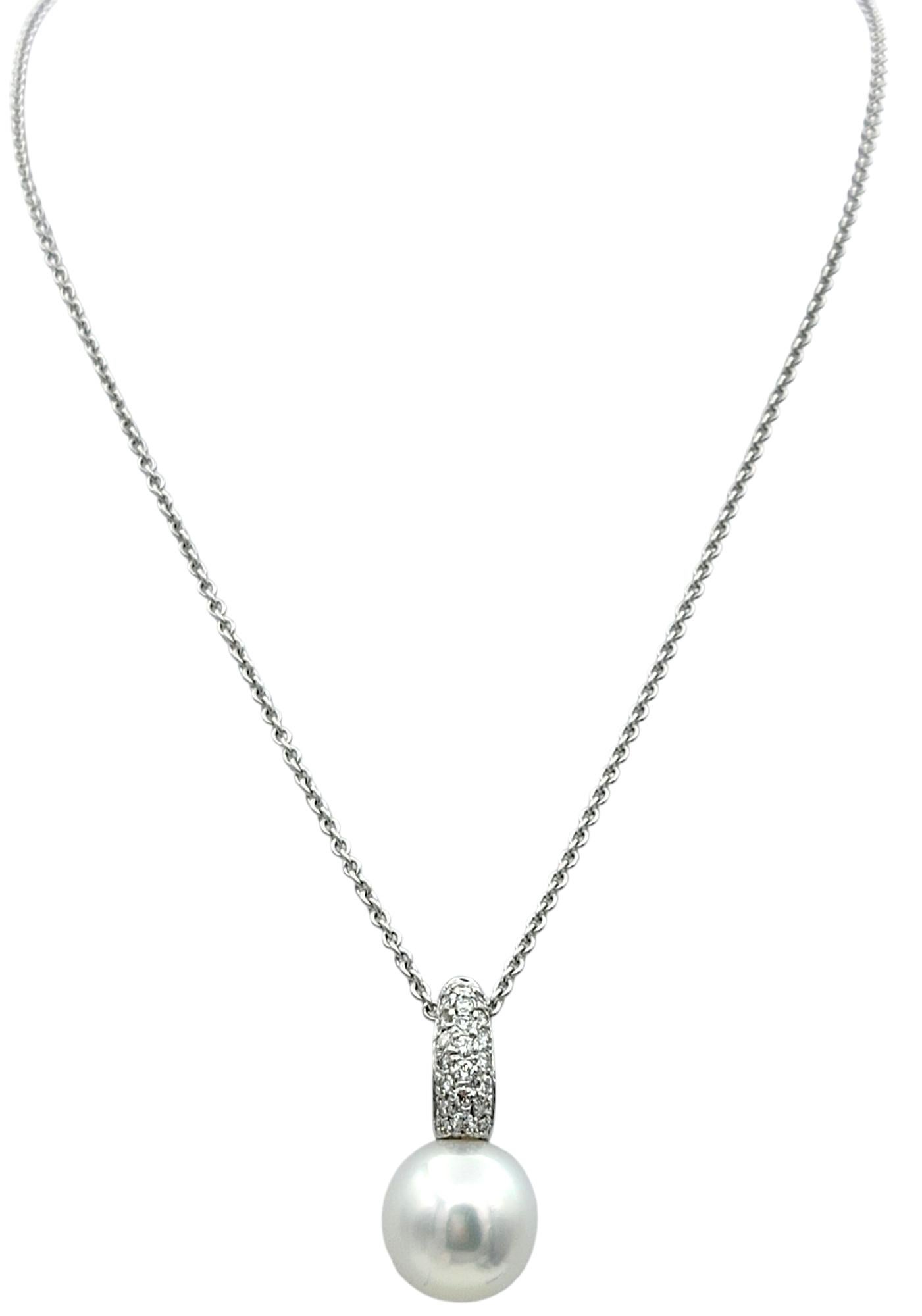Contemporary White Akoya Pearl and Pavé Diamond Pendant Necklace in 18 Karat White Gold For Sale