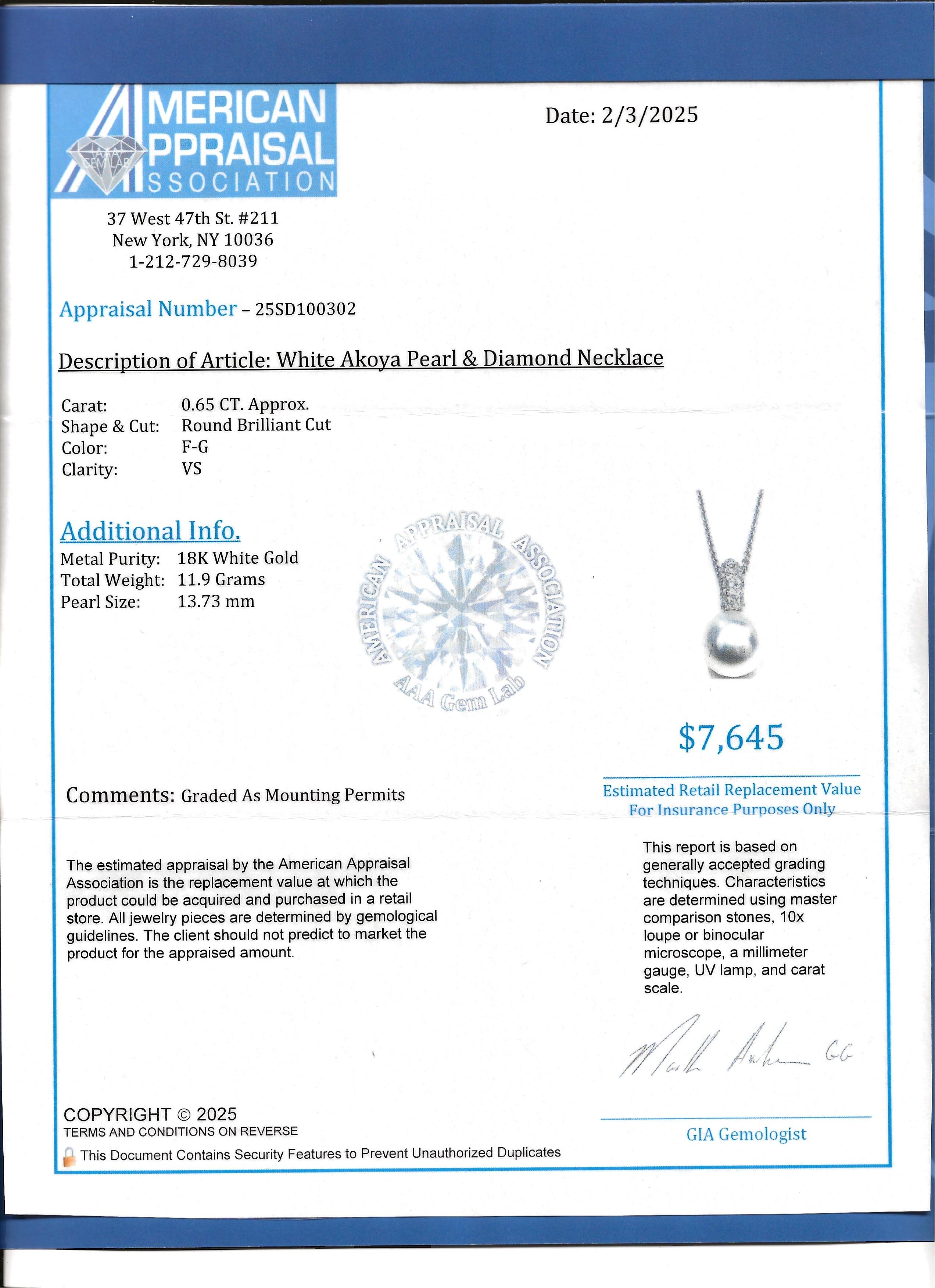 White Akoya Pearl and Pavé Diamond Pendant Necklace in 18 Karat White Gold For Sale 7