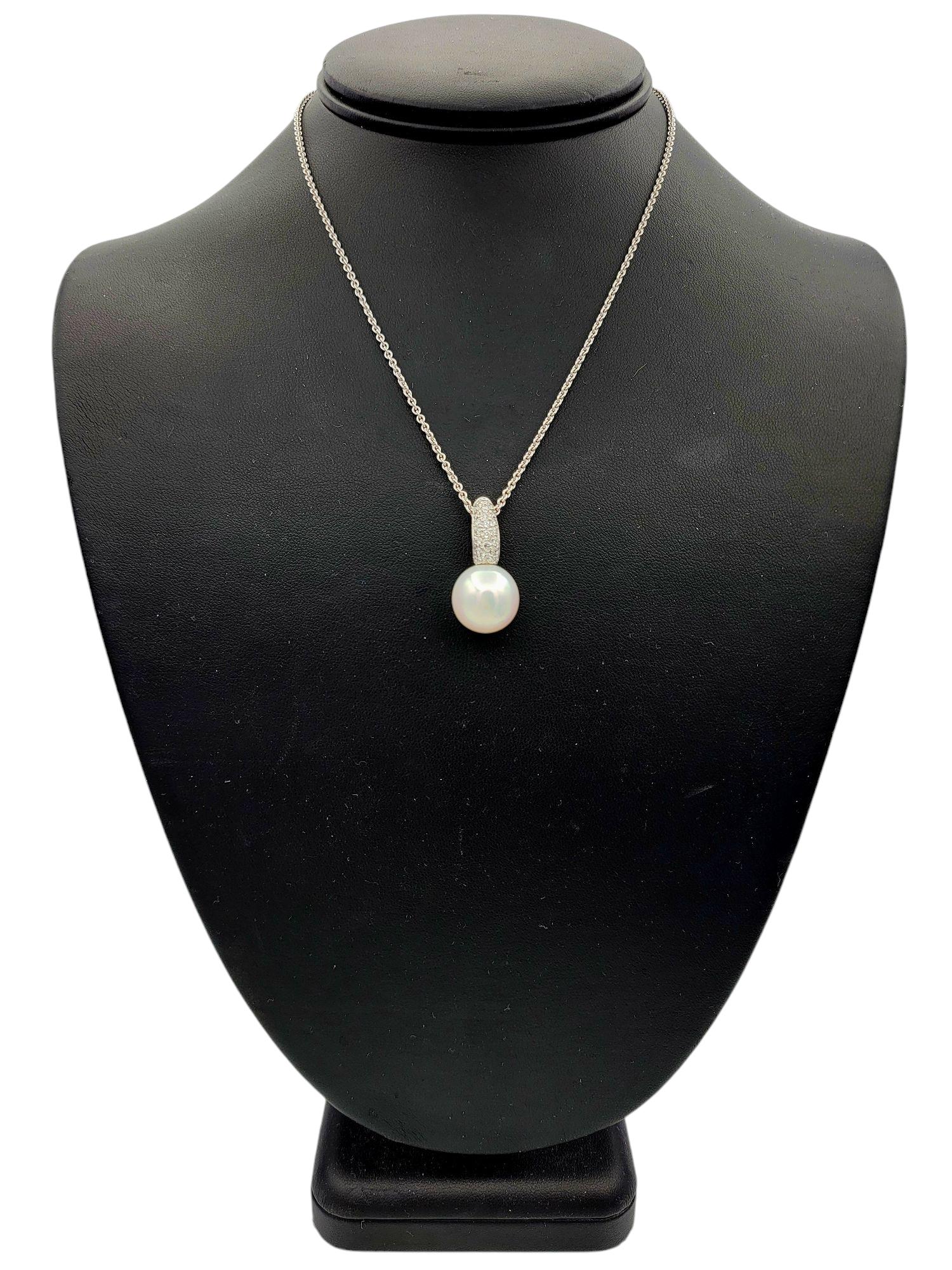 White Akoya Pearl and Pavé Diamond Pendant Necklace in 18 Karat White Gold For Sale 5