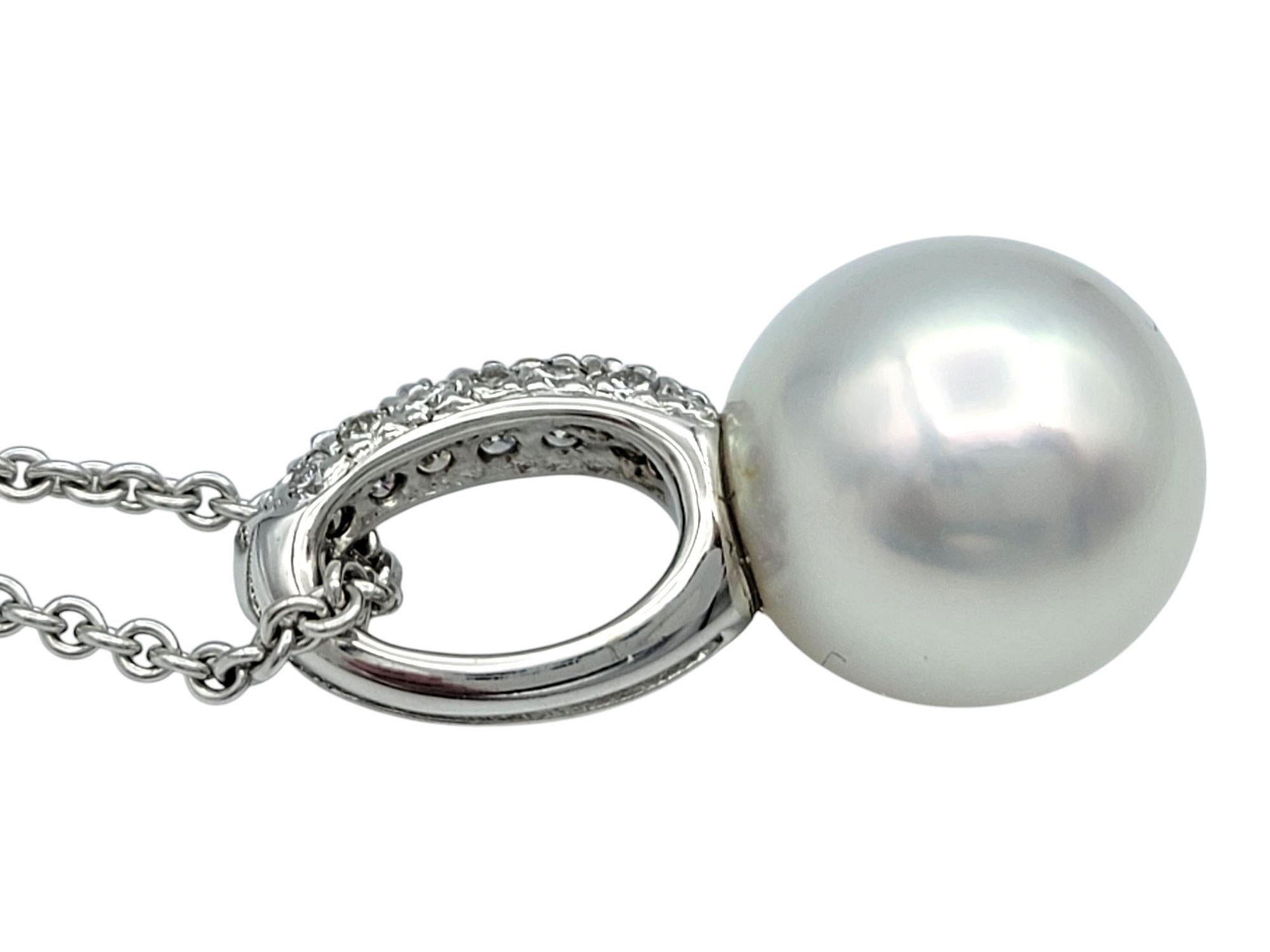 White Akoya Pearl and Pavé Diamond Pendant Necklace in 18 Karat White Gold For Sale 1