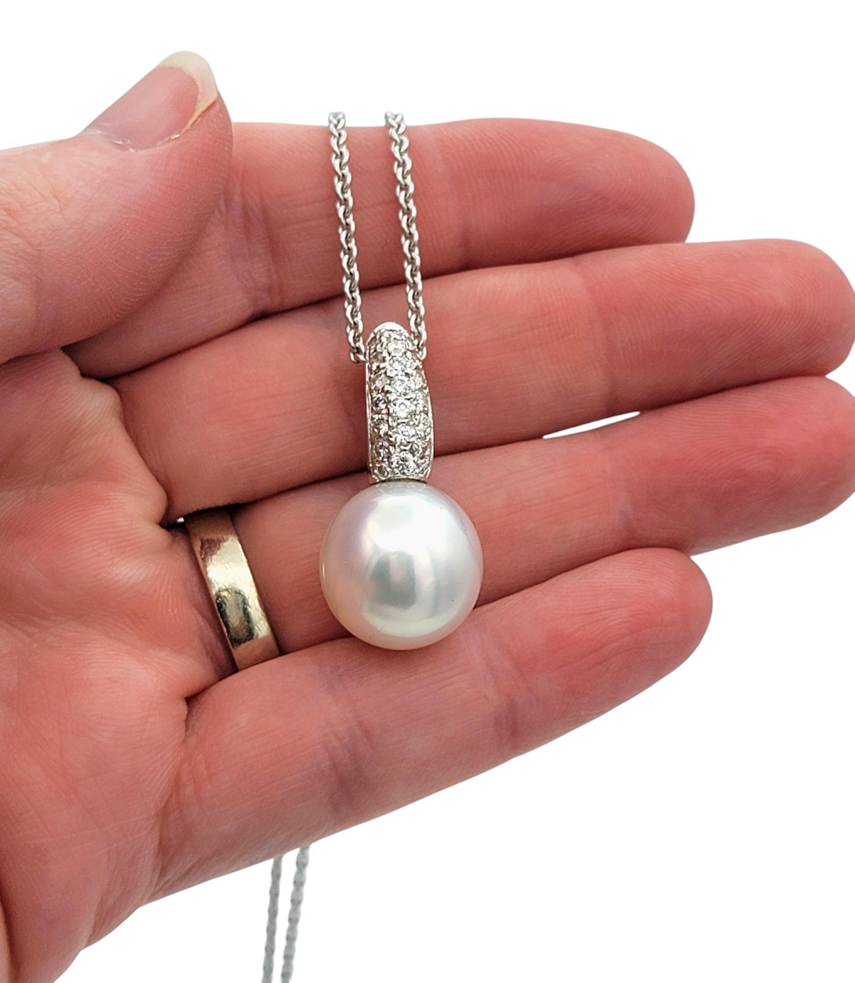 White Akoya Pearl and Pavé Diamond Pendant Necklace in 18 Karat White Gold For Sale 4