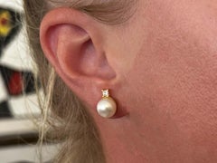 White Akoya Pearl and Princess Cut Diamond Stud Earrings 18K Yellow Gold