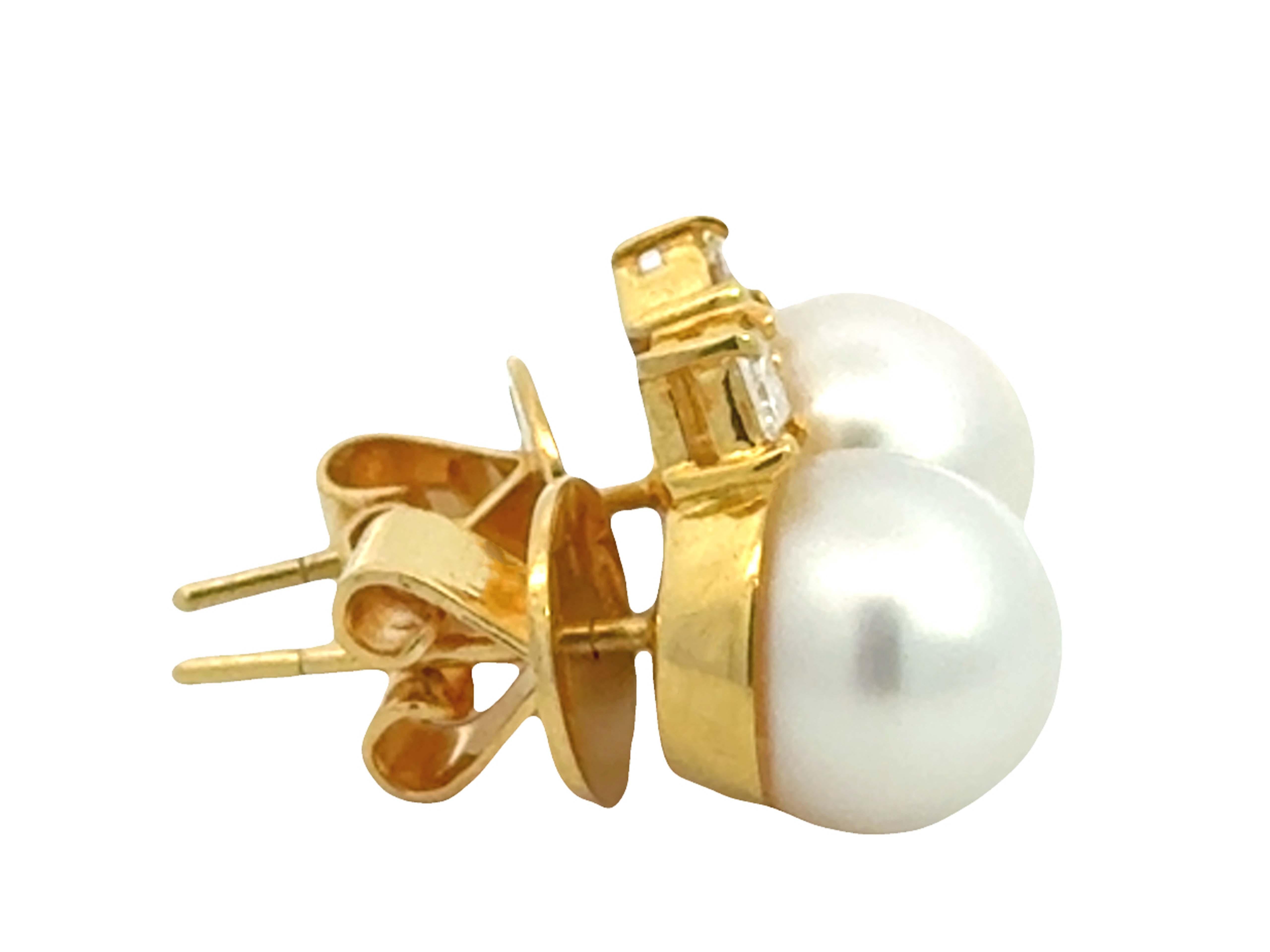 Boucles d'oreilles en or jaune 18K avec perles Akoya blanches et diamants taille princesse Pour femmes en vente