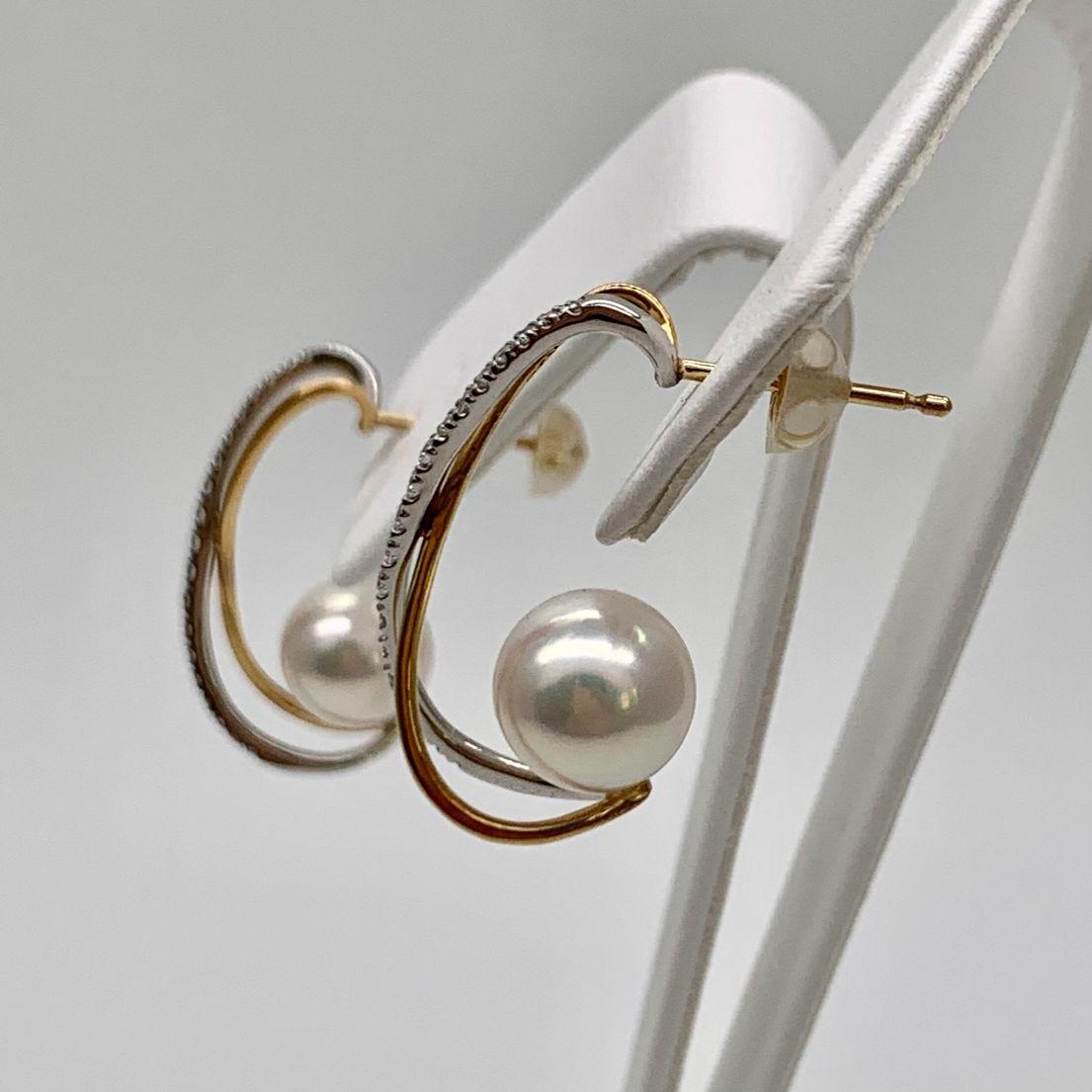 Brilliant Cut White Akoya Pearl Gold Platinum Diamond Earrings 'E229' For Sale