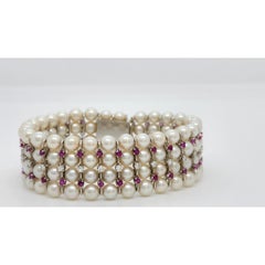 White Akoya Pearl, Ruby, and Diamond Bracelet in 14k White Gold