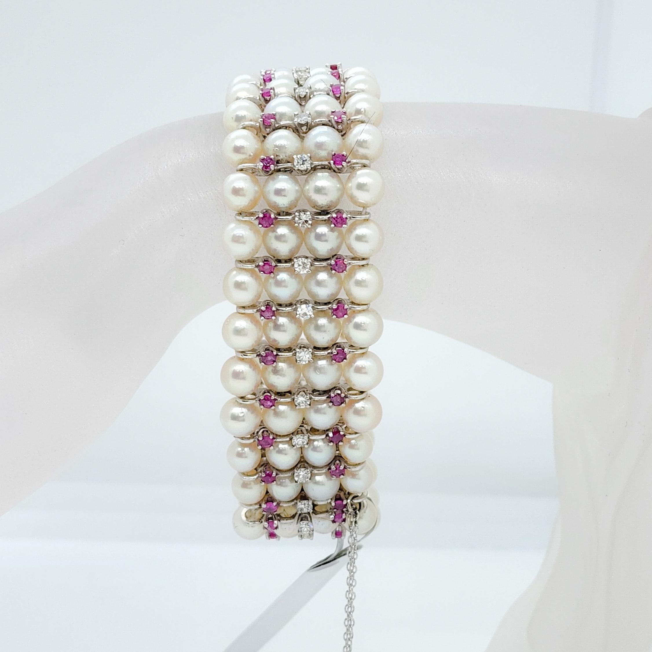 Women's or Men's White Akoya Pearl, Ruby, and Diamond Bracelet in 14k White Gold