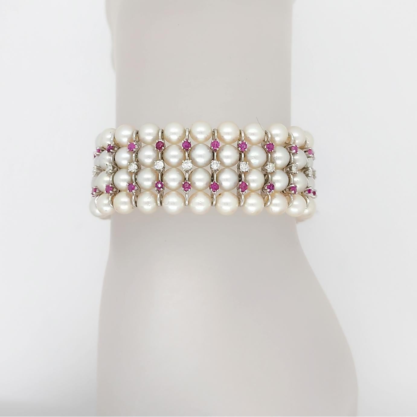 White Akoya Pearl, Ruby, and Diamond Bracelet in 14k White Gold 1