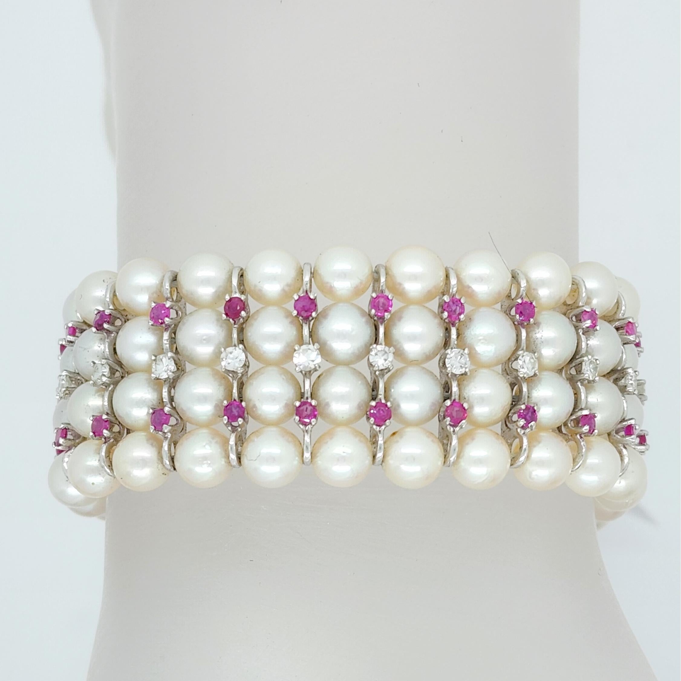 White Akoya Pearl, Ruby, and Diamond Bracelet in 14k White Gold 2