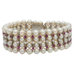 White Akoya Pearl, Ruby, and Diamond Bracelet in 14k White Gold