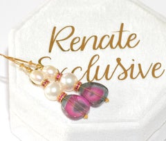 White Akoya Pearl and Watermelon Tourmaline Earrings in 18K Solid Yellow Gold
