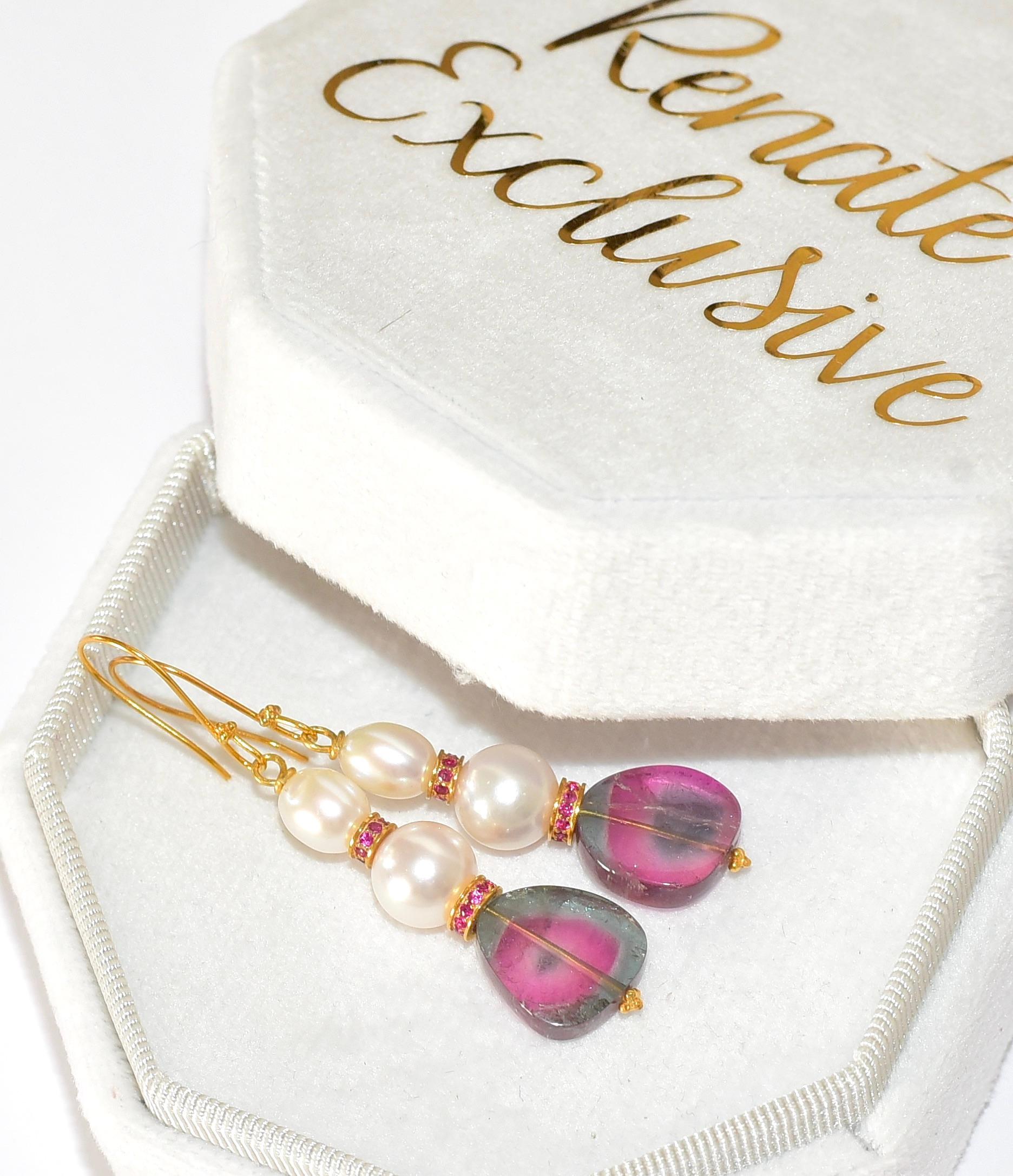 Artisan White Akoya Pearl and Watermelon Tourmaline Earrings in 18K Solid Yellow Gold