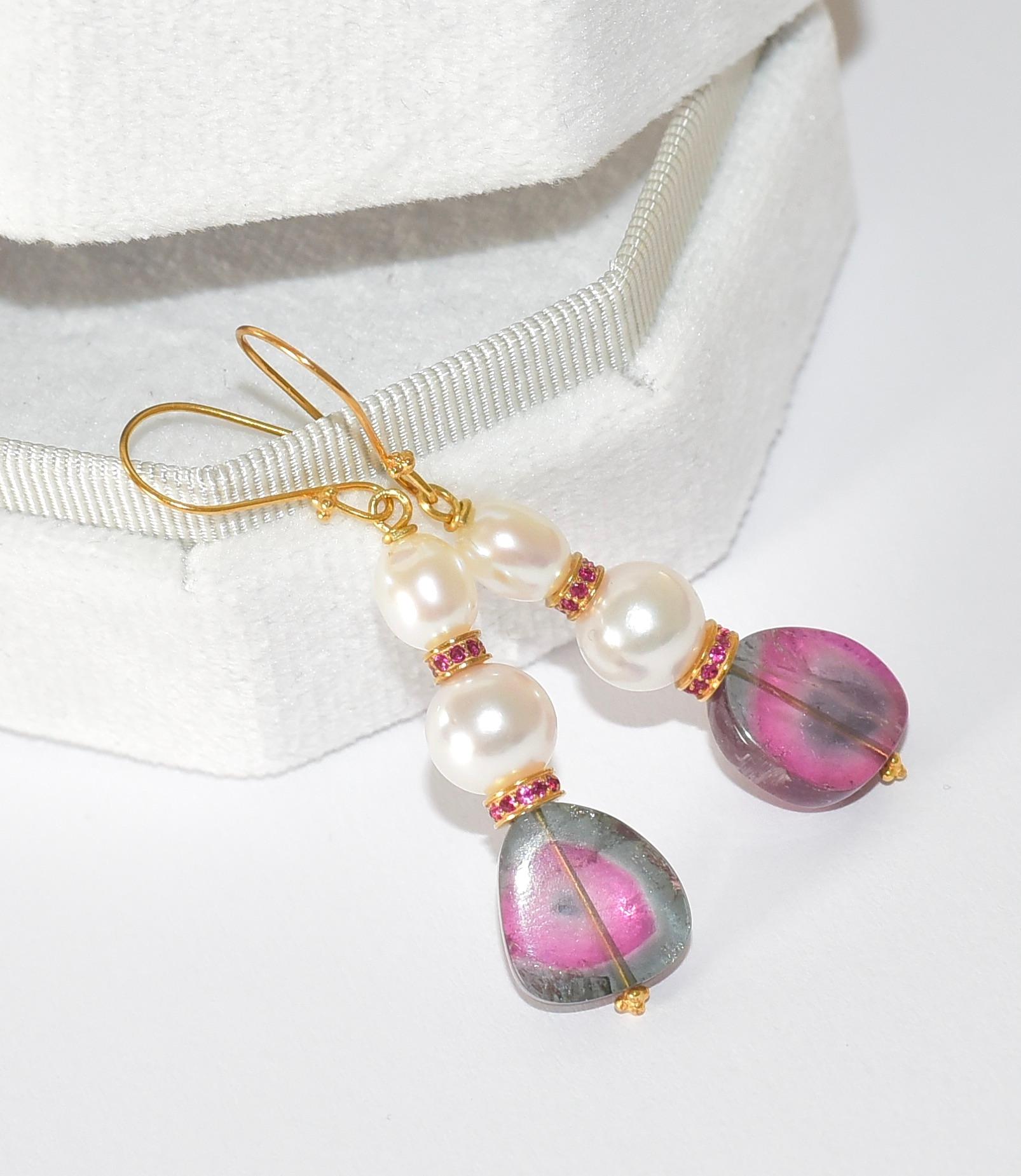 Bead White Akoya Pearl and Watermelon Tourmaline Earrings in 18K Solid Yellow Gold
