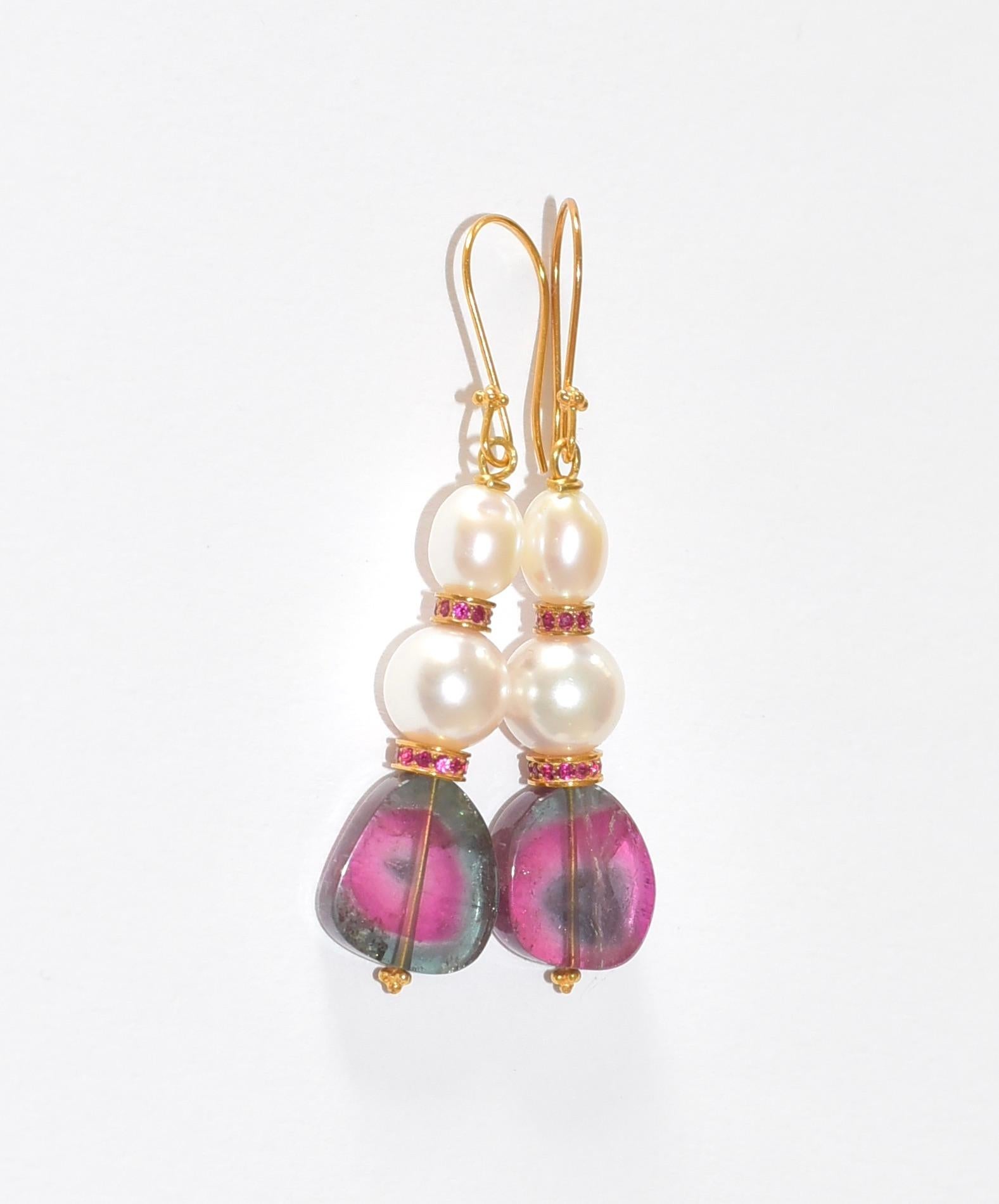 Women's White Akoya Pearl and Watermelon Tourmaline Earrings in 18K Solid Yellow Gold