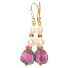 White Akoya Pearl and Watermelon Tourmaline Earrings in 18K Solid Yellow Gold