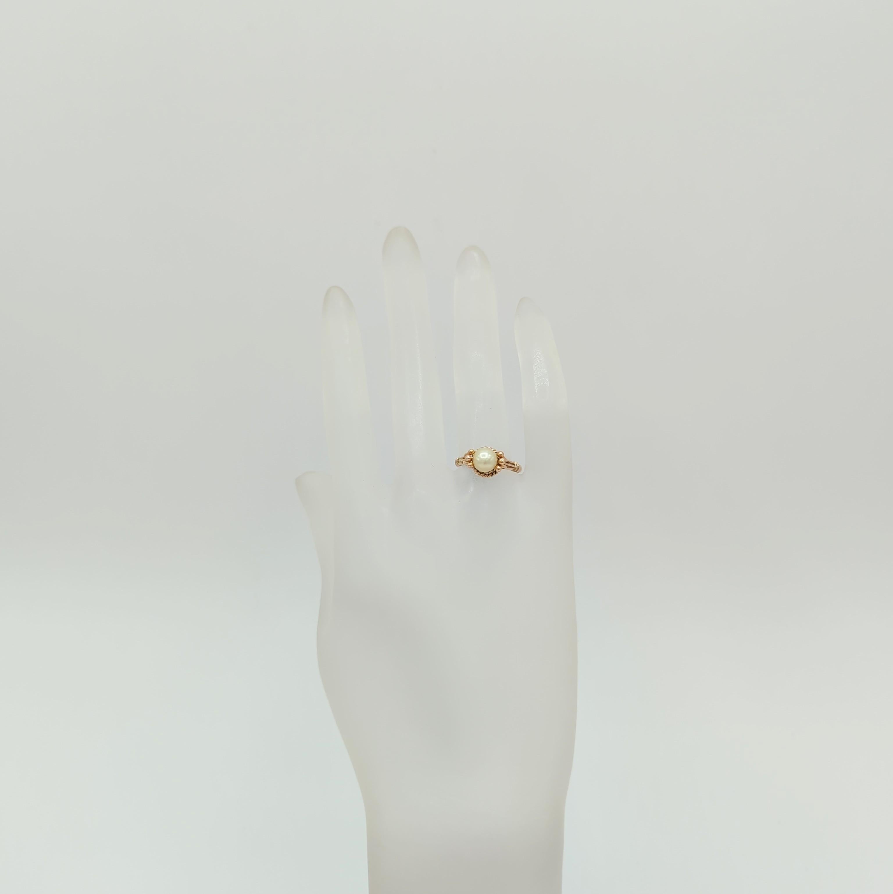 Round Cut White Akoya Round Pearl Ring in 14K Yellow Gold For Sale