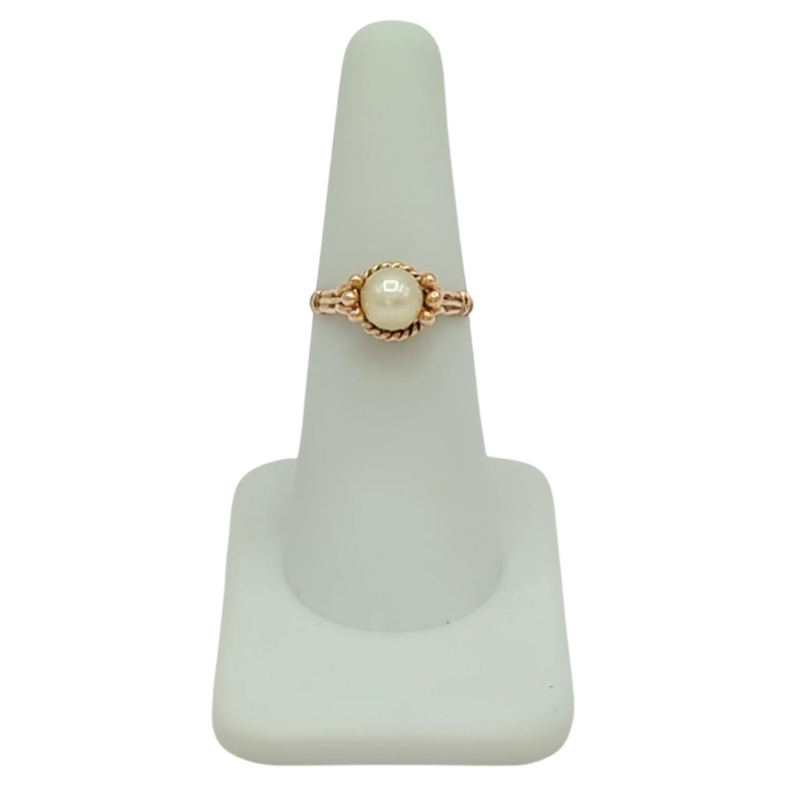 White Akoya Round Pearl Ring in 14K Yellow Gold For Sale