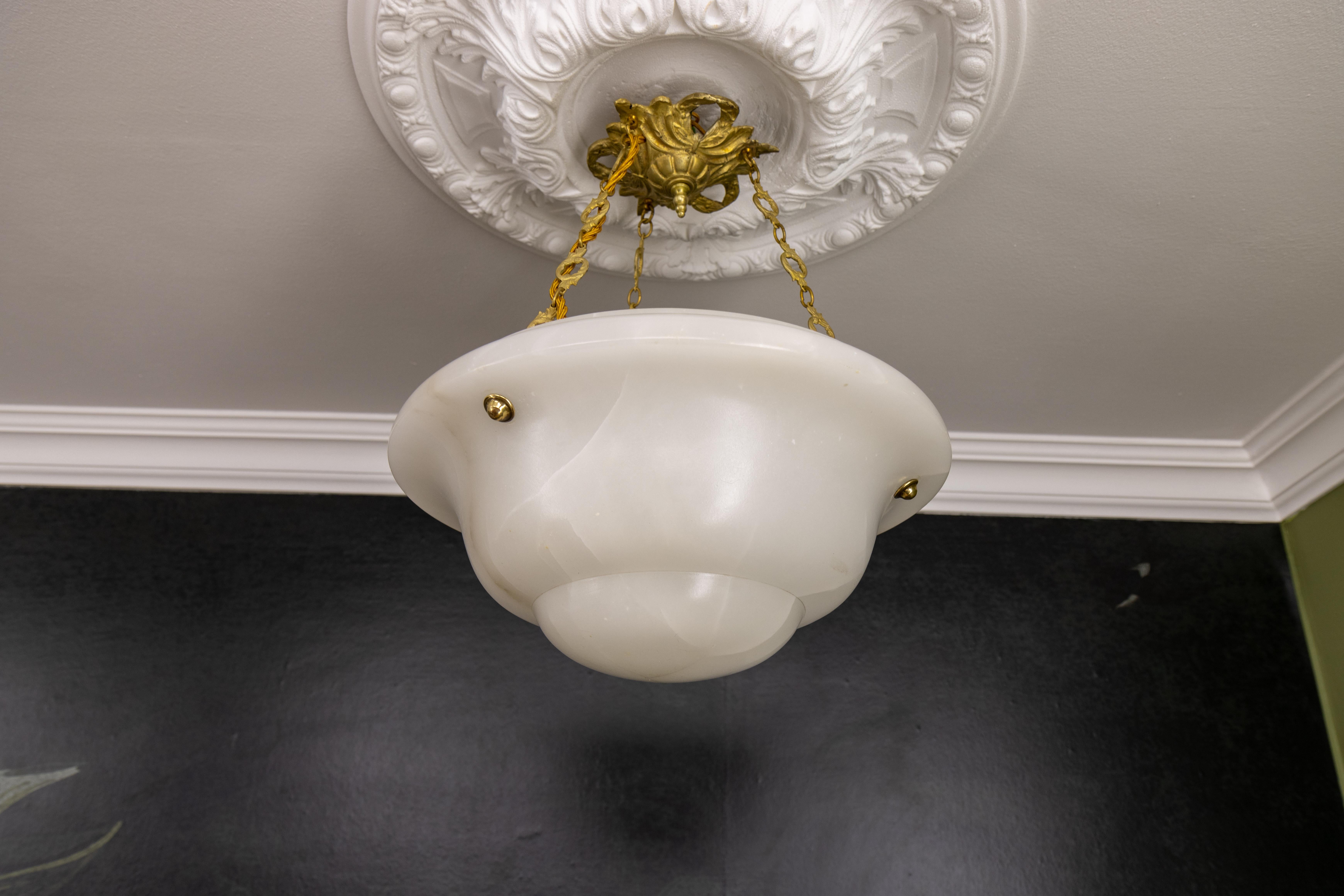 White Alabaster and Bronze Pendant Light, France, ca 1930 For Sale 3