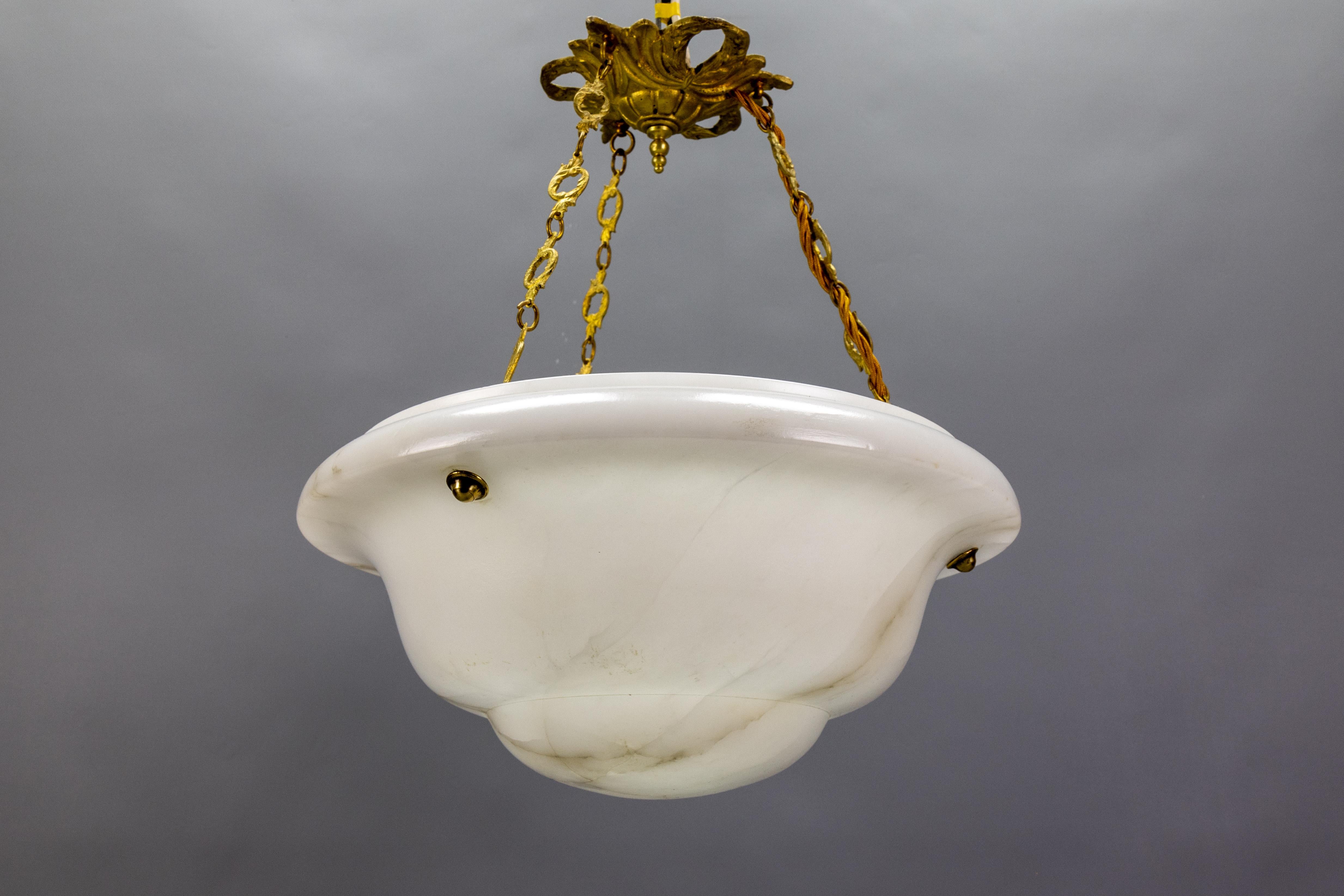White Alabaster and Bronze Pendant Light, France, ca 1930 For Sale 5