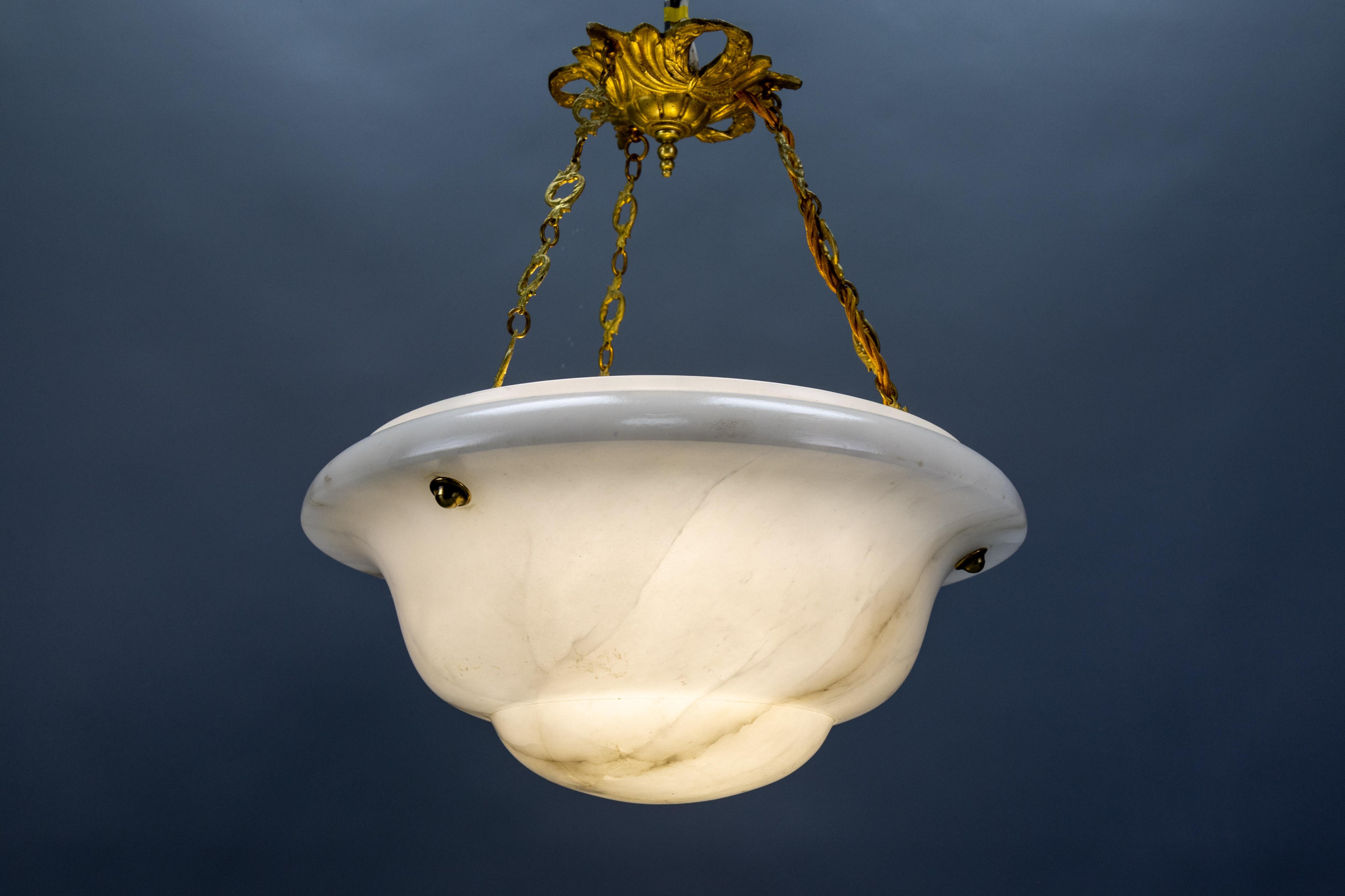 White Alabaster and Bronze Pendant Light, France, ca 1930 For Sale 6