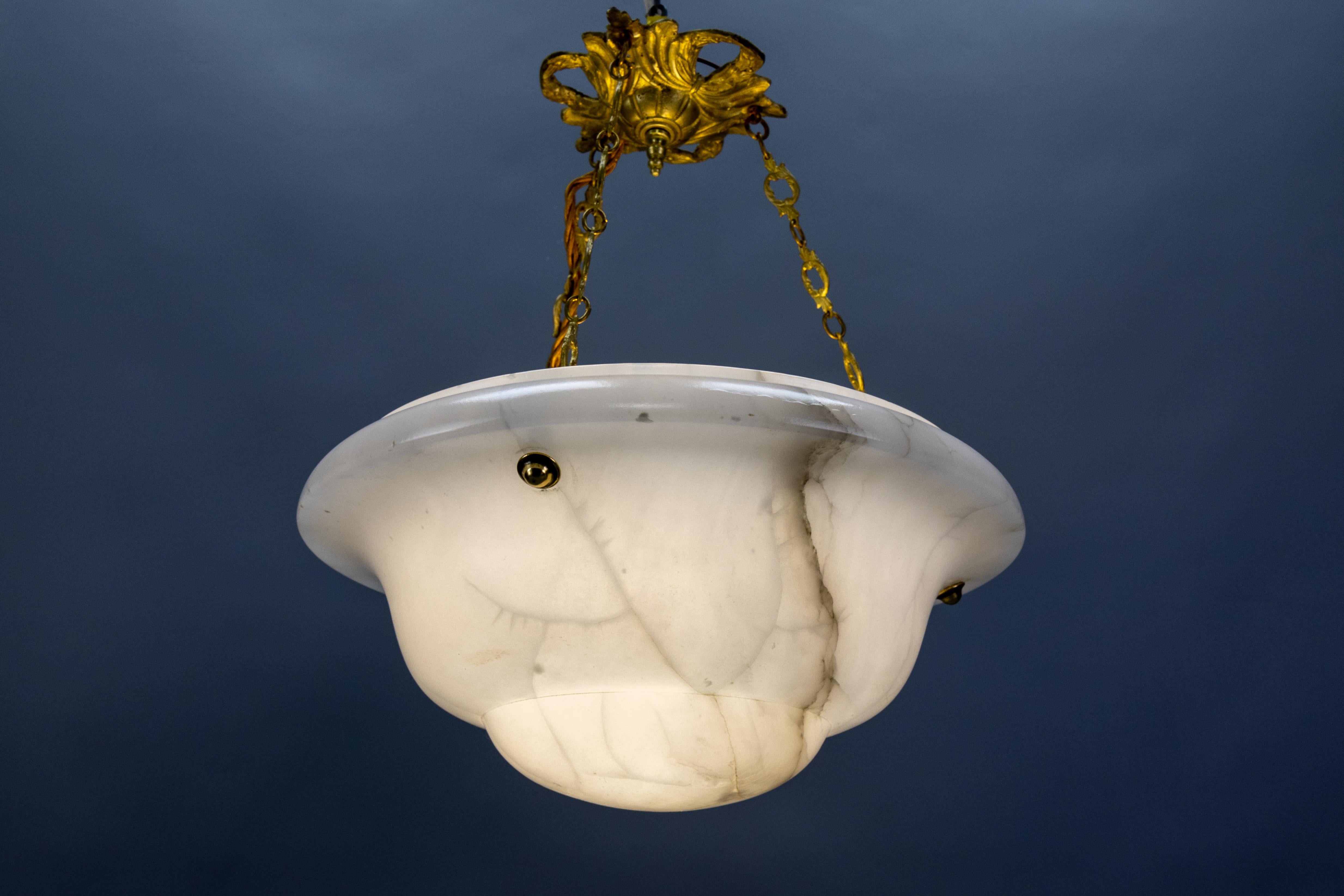 White Alabaster and Bronze Pendant Light, France, ca 1930 For Sale 9