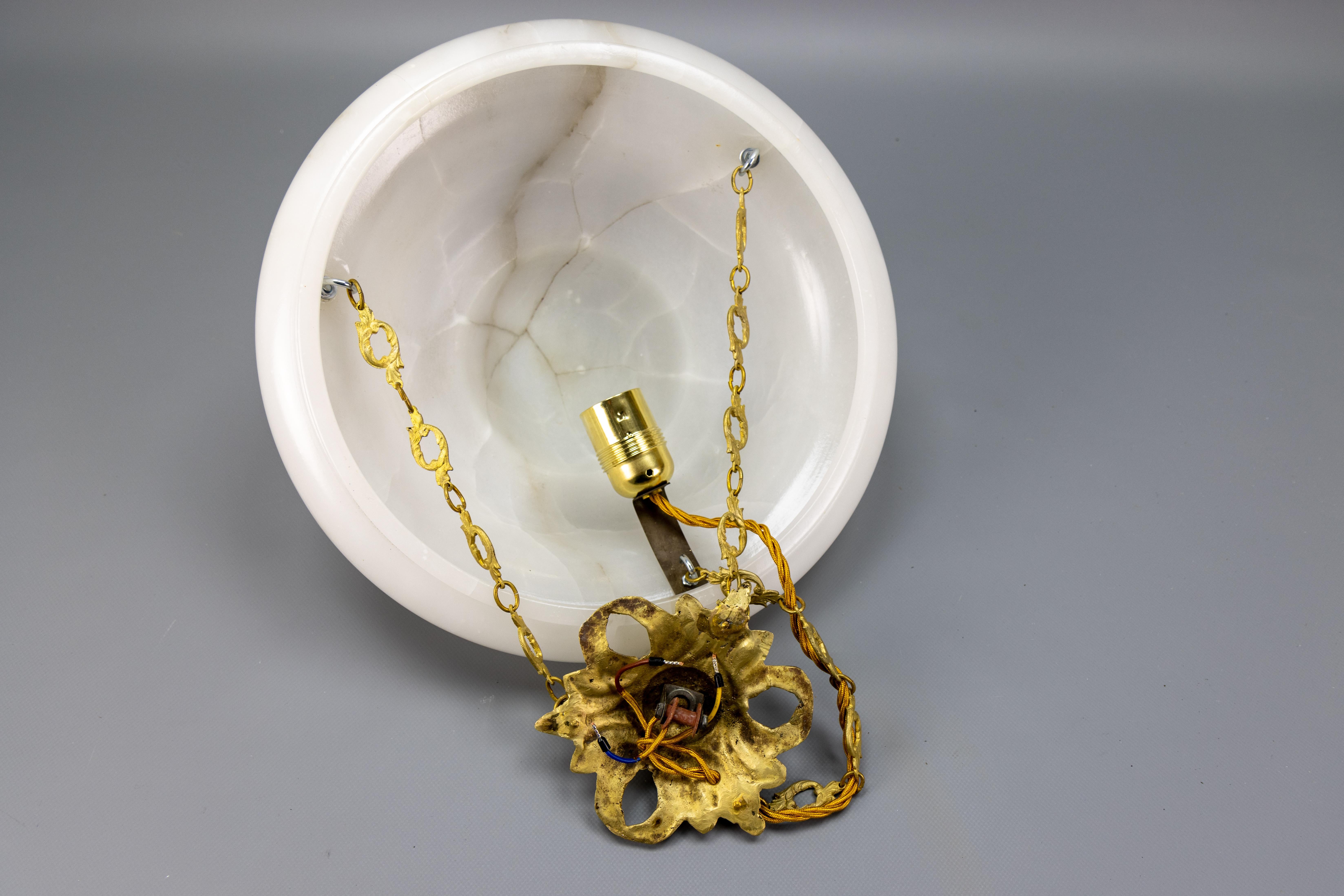 White Alabaster and Bronze Pendant Light, France, ca 1930 For Sale 11