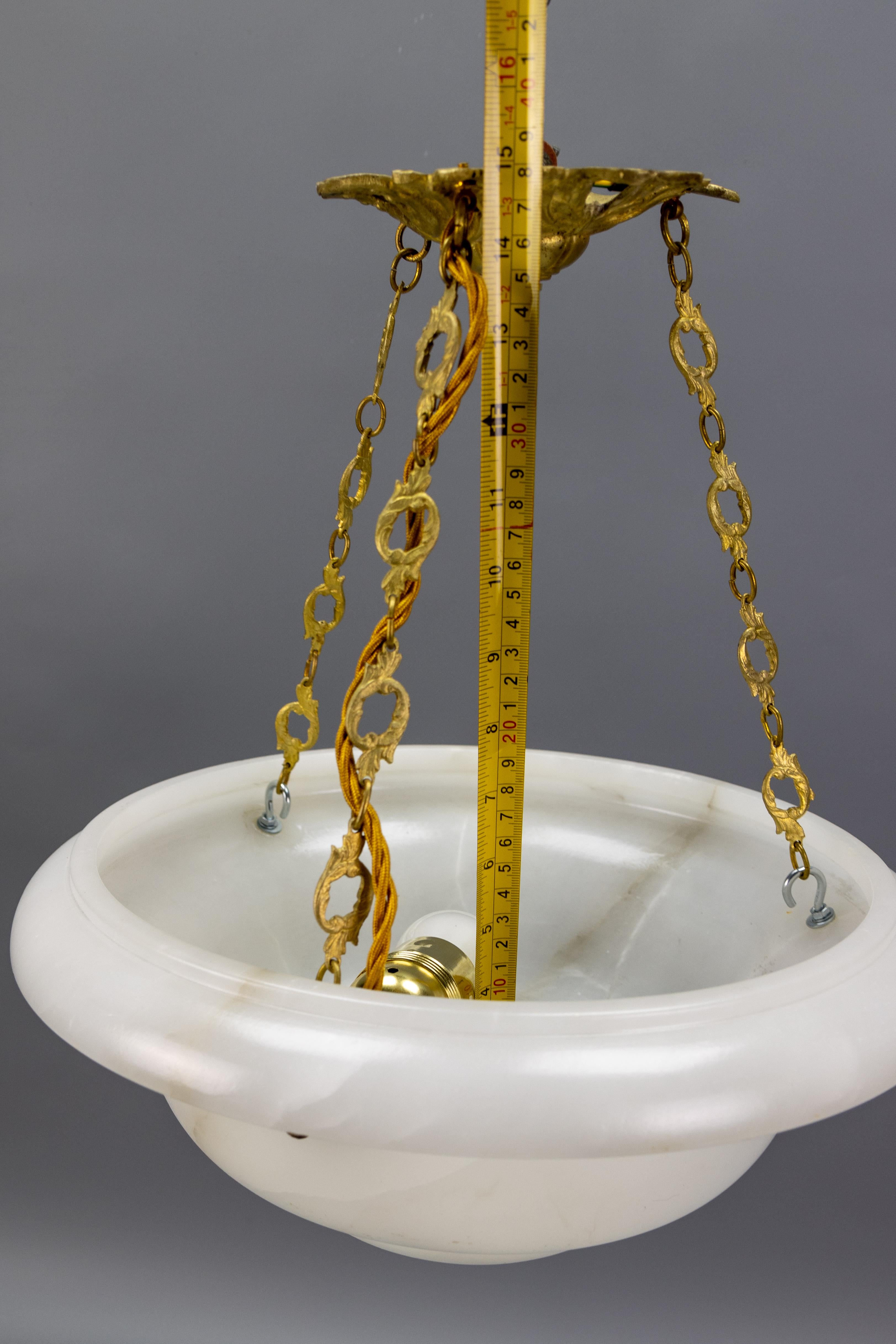 White Alabaster and Bronze Pendant Light, France, ca 1930 For Sale 13