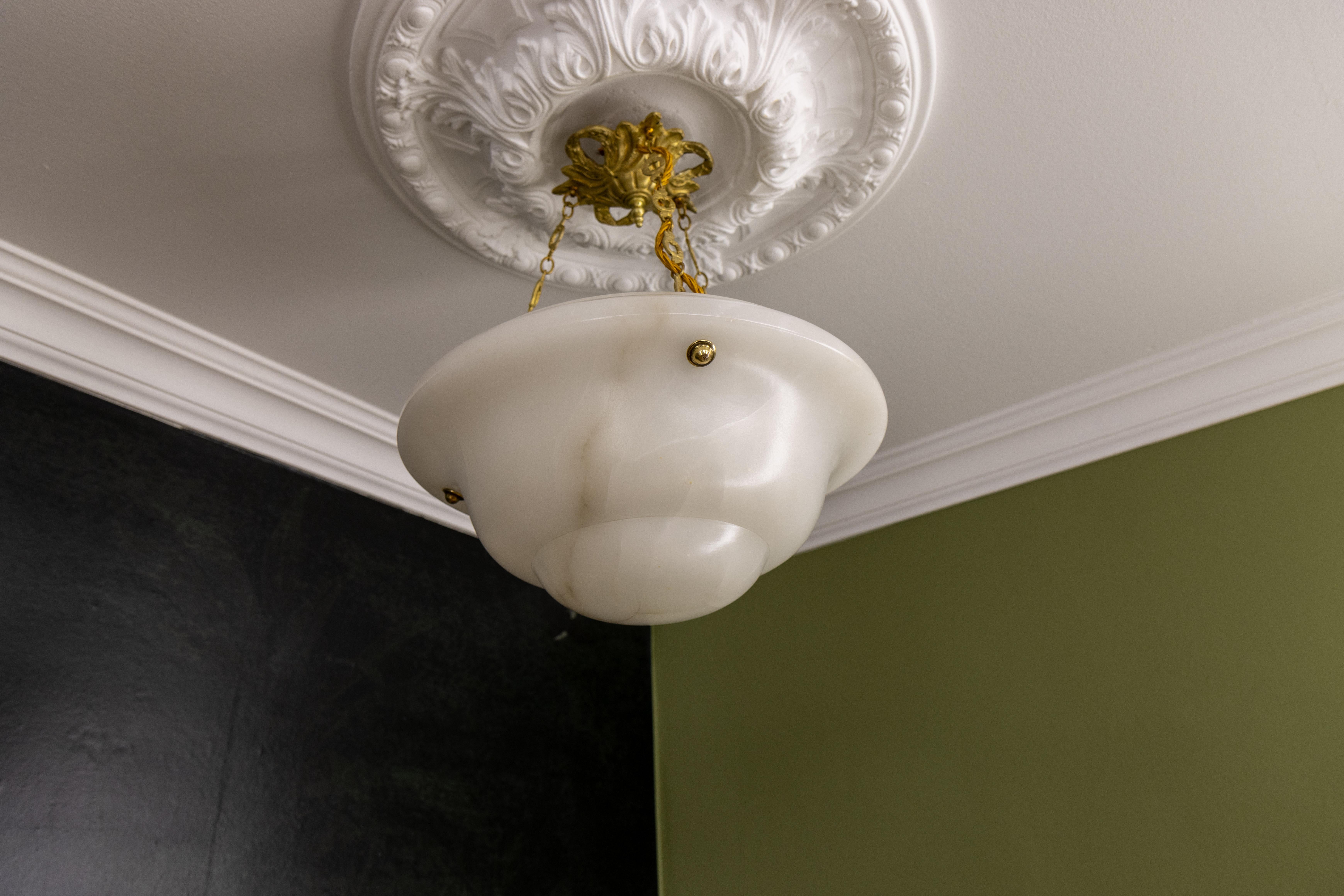 Art Deco White Alabaster and Bronze Pendant Light, France, ca 1930 For Sale