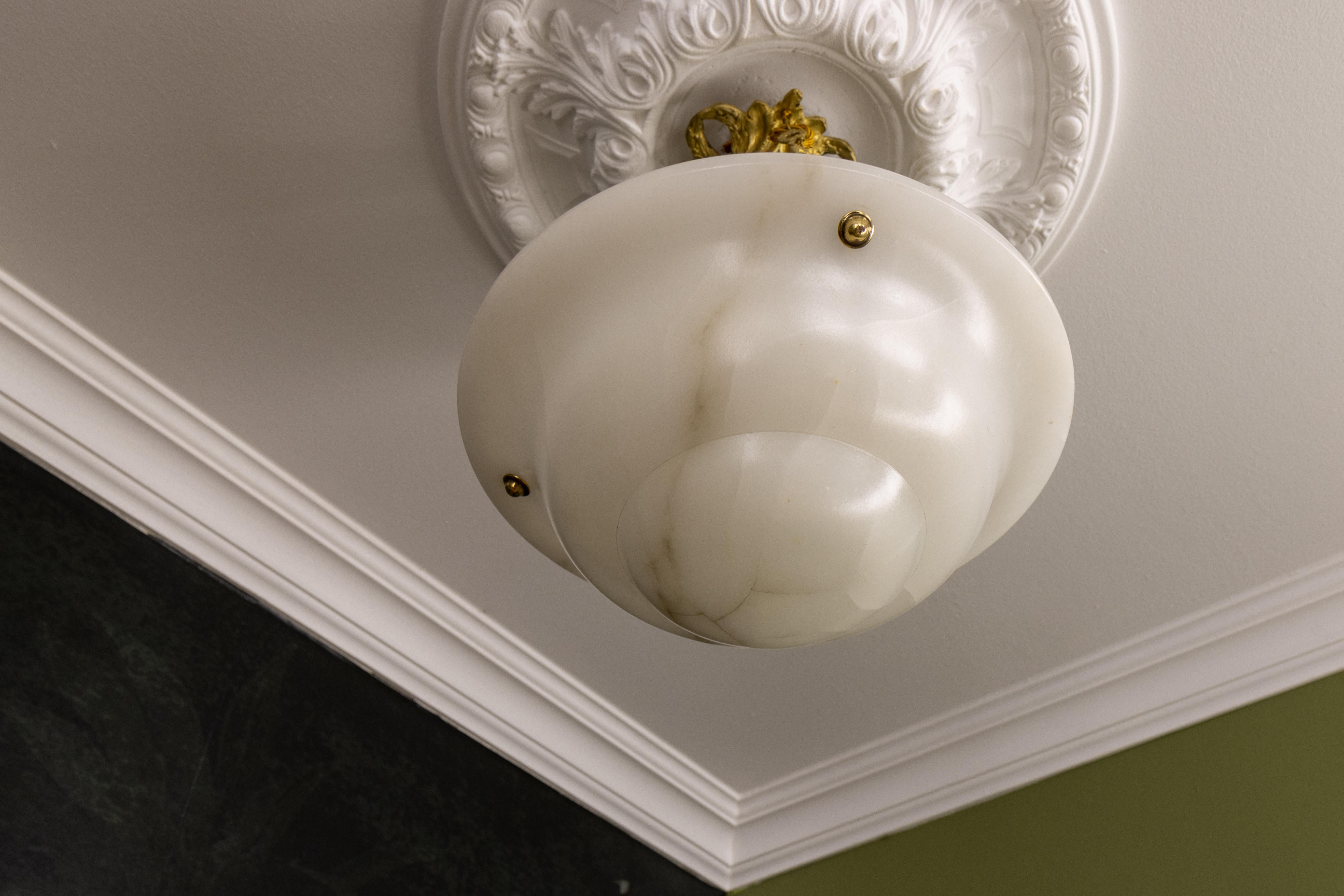 French White Alabaster and Bronze Pendant Light, France, ca 1930 For Sale