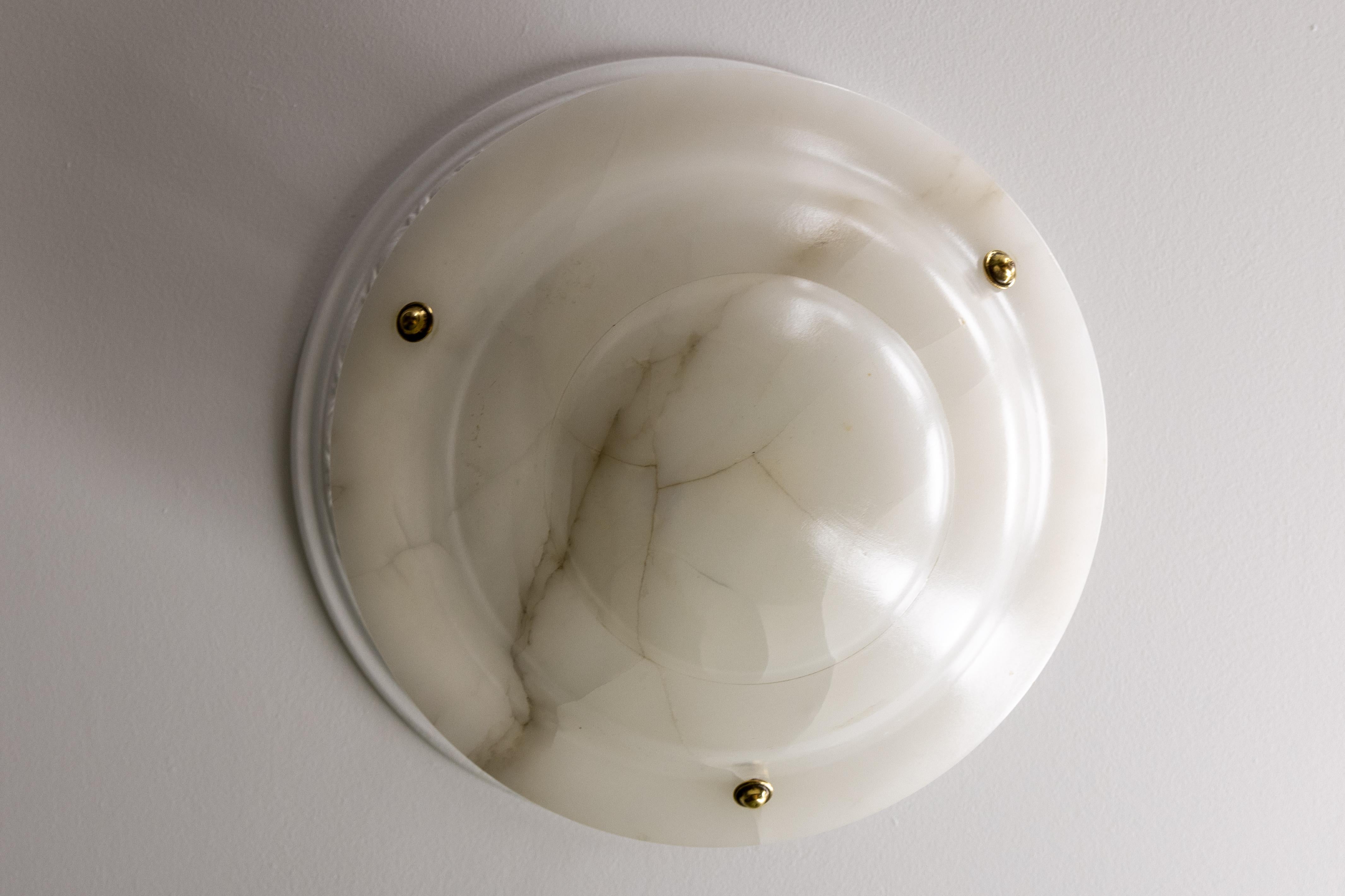 Mid-20th Century White Alabaster and Bronze Pendant Light, France, ca 1930 For Sale