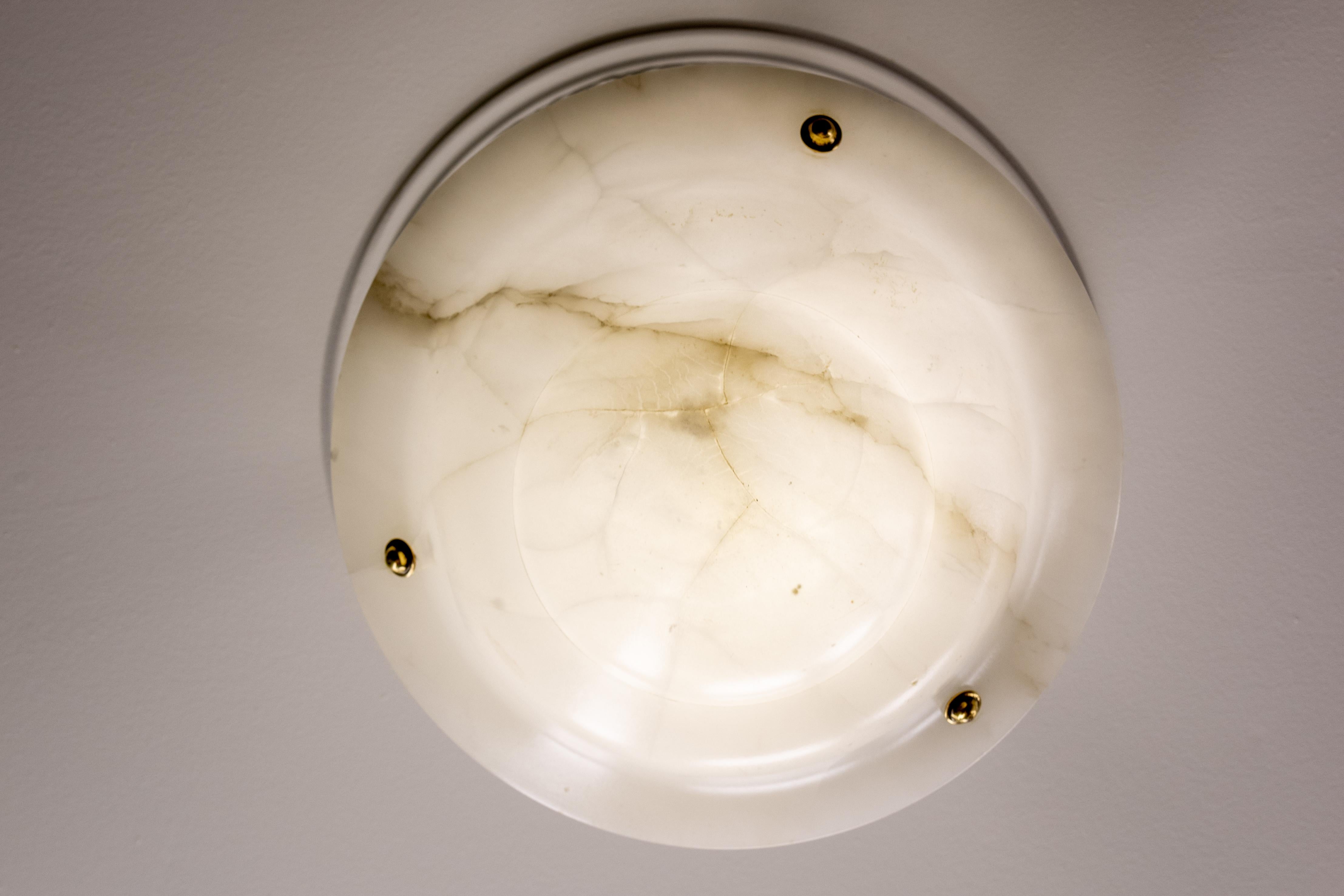 Metal White Alabaster and Bronze Pendant Light, France, ca 1930 For Sale