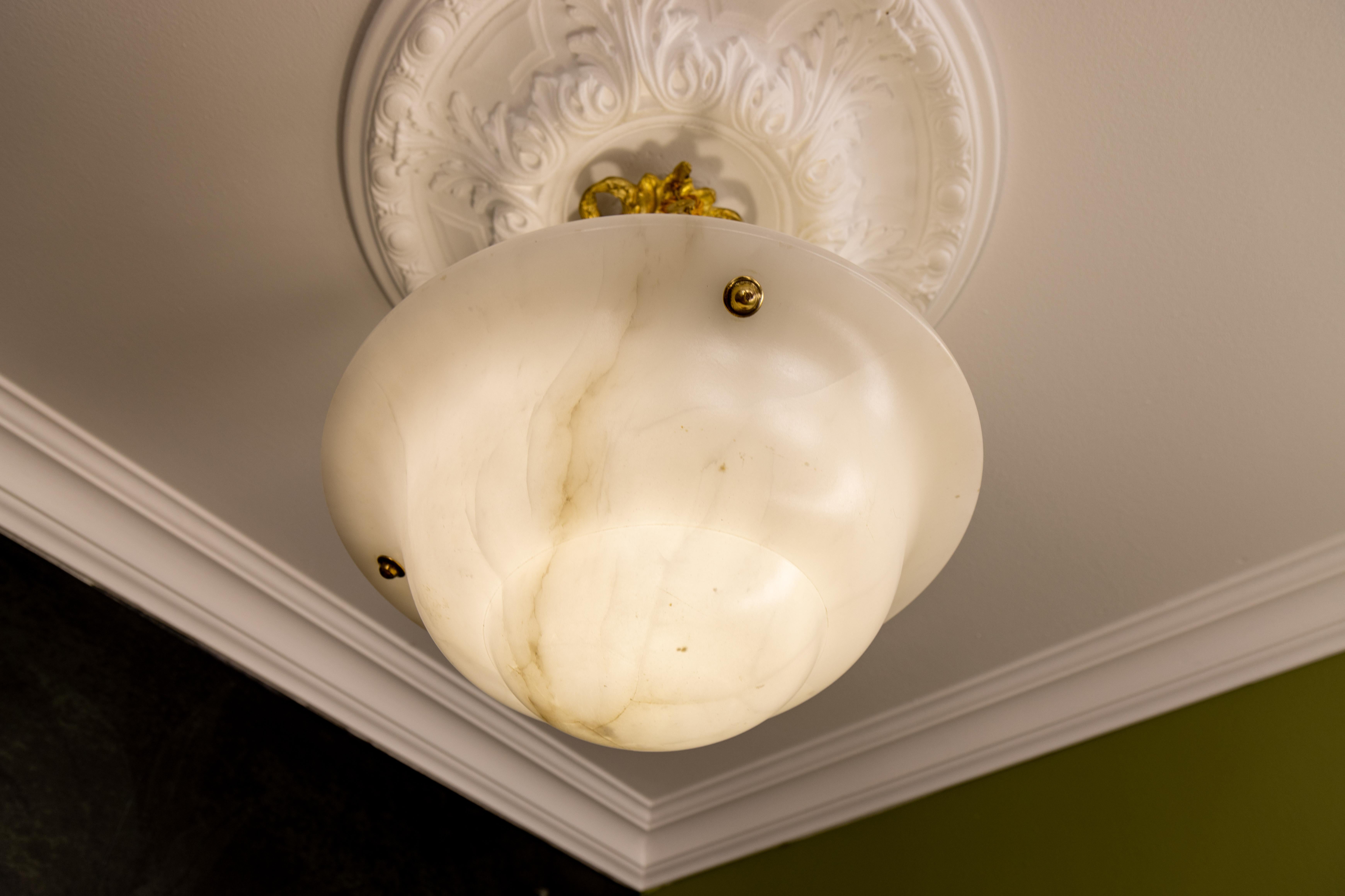 White Alabaster and Bronze Pendant Light, France, ca 1930 For Sale 1