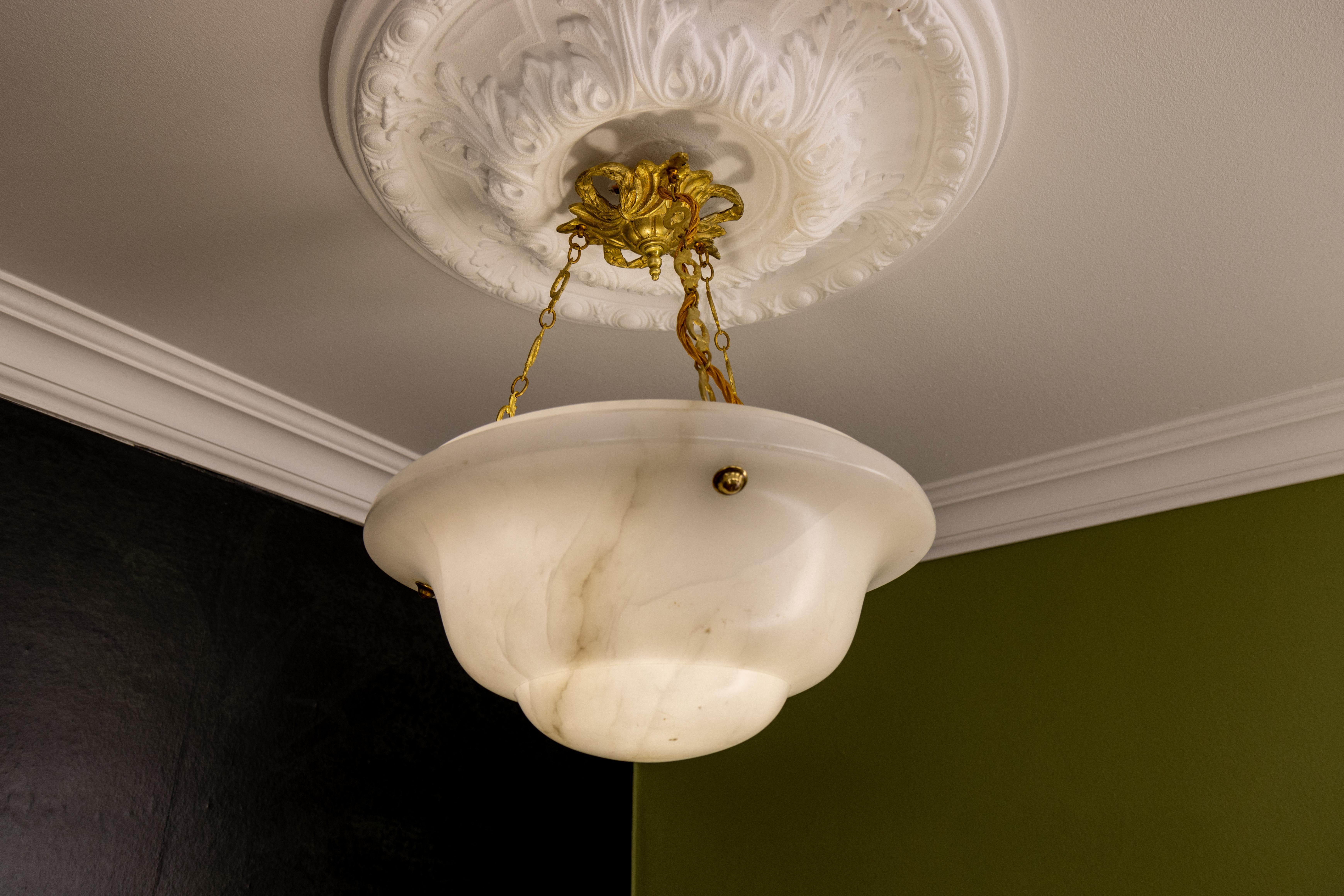 White Alabaster and Bronze Pendant Light, France, ca 1930 For Sale 2