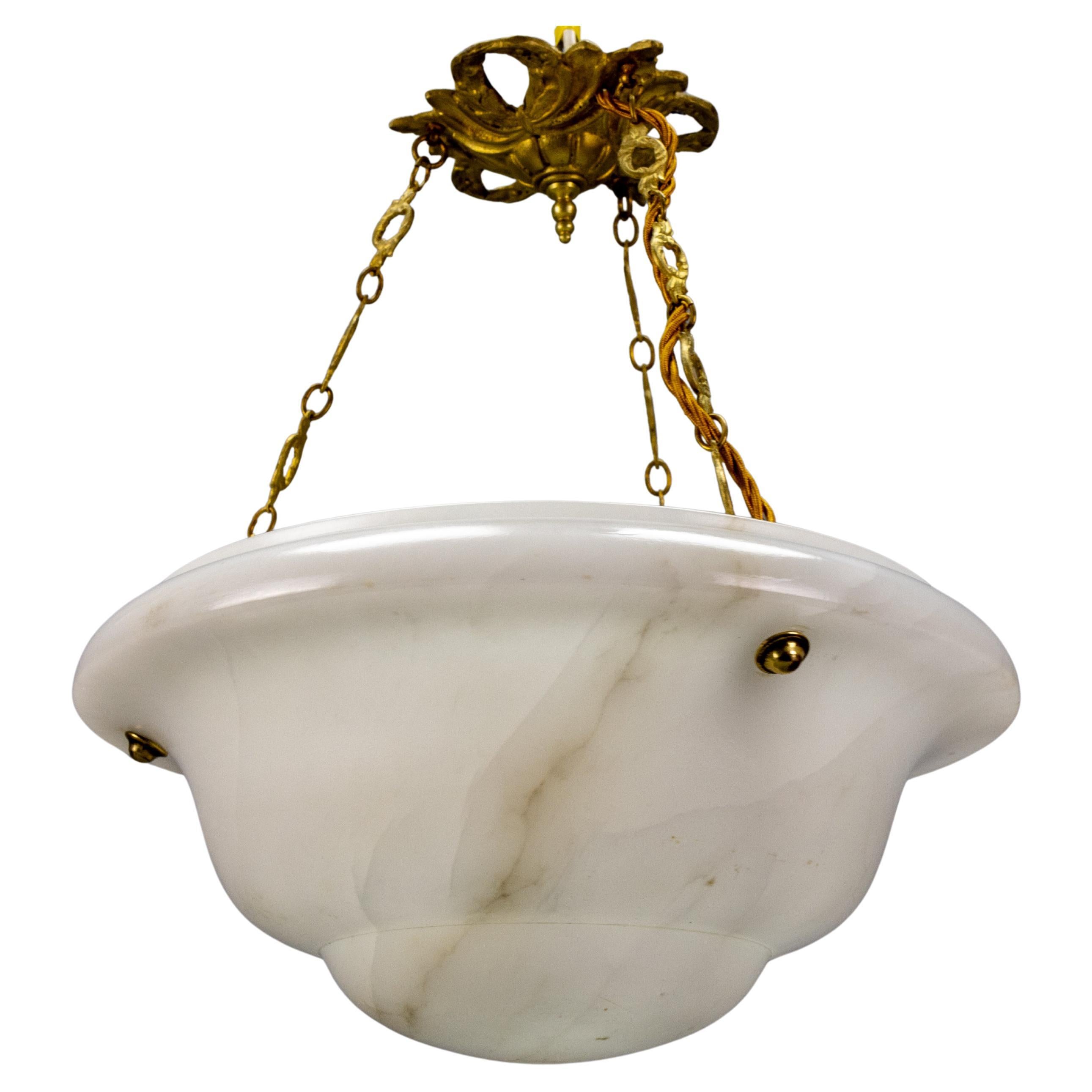 White Alabaster and Bronze Pendant Light, France, ca 1930