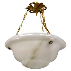 White Alabaster and Bronze Pendant Light, France, ca 1930